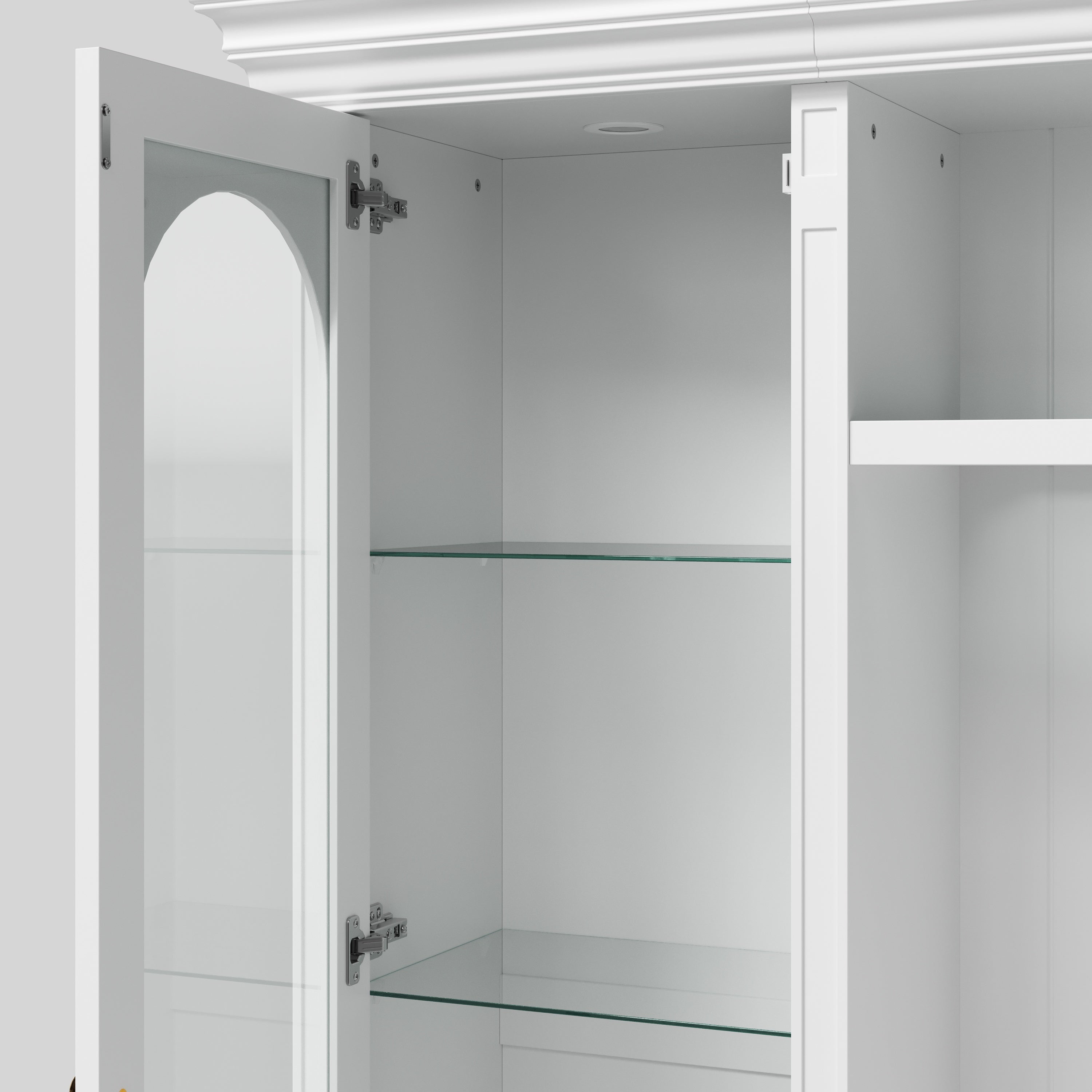 White entertainment center with open TV space, glass side cabinets, lower storage cabinets, and drawers