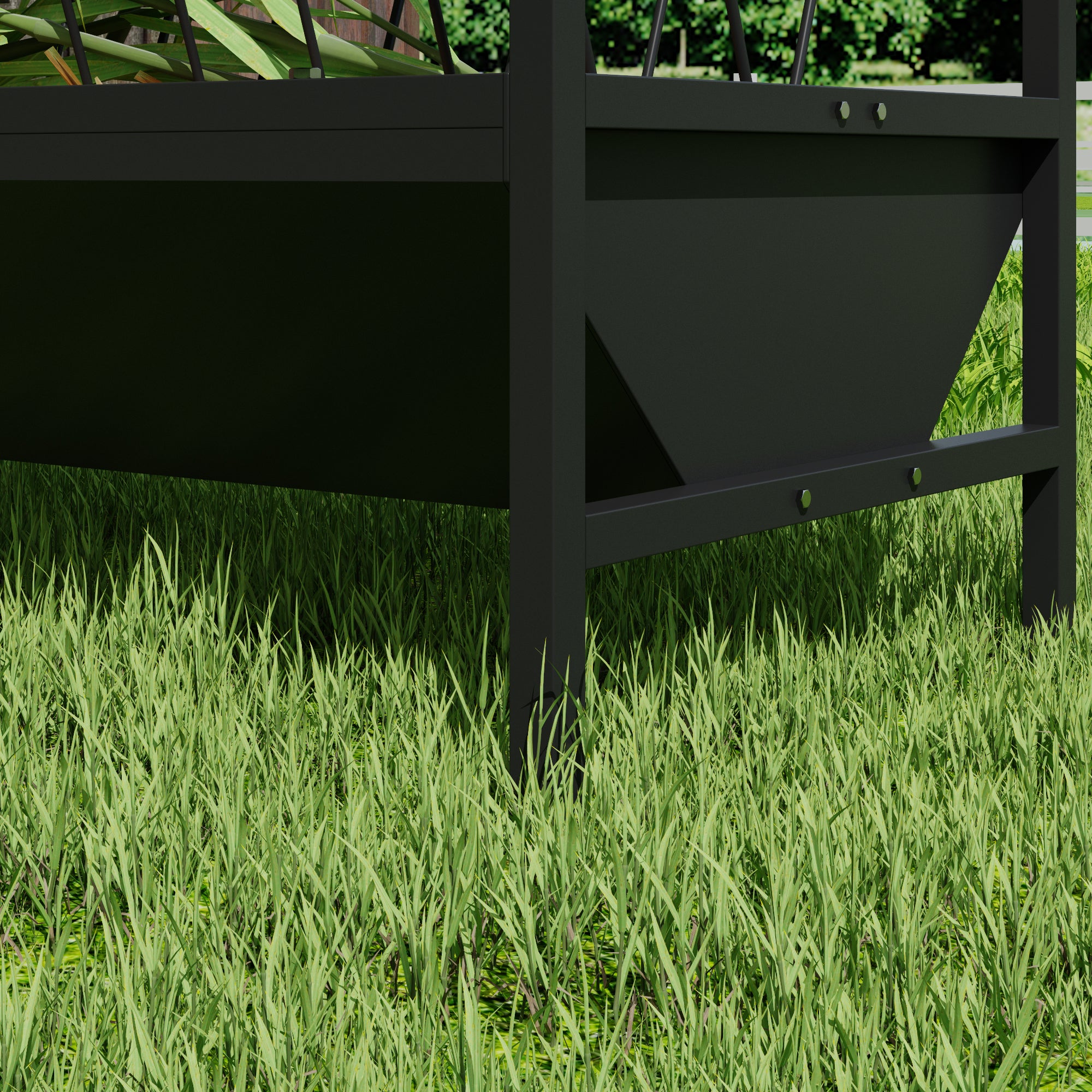 Black metal planter box on grass