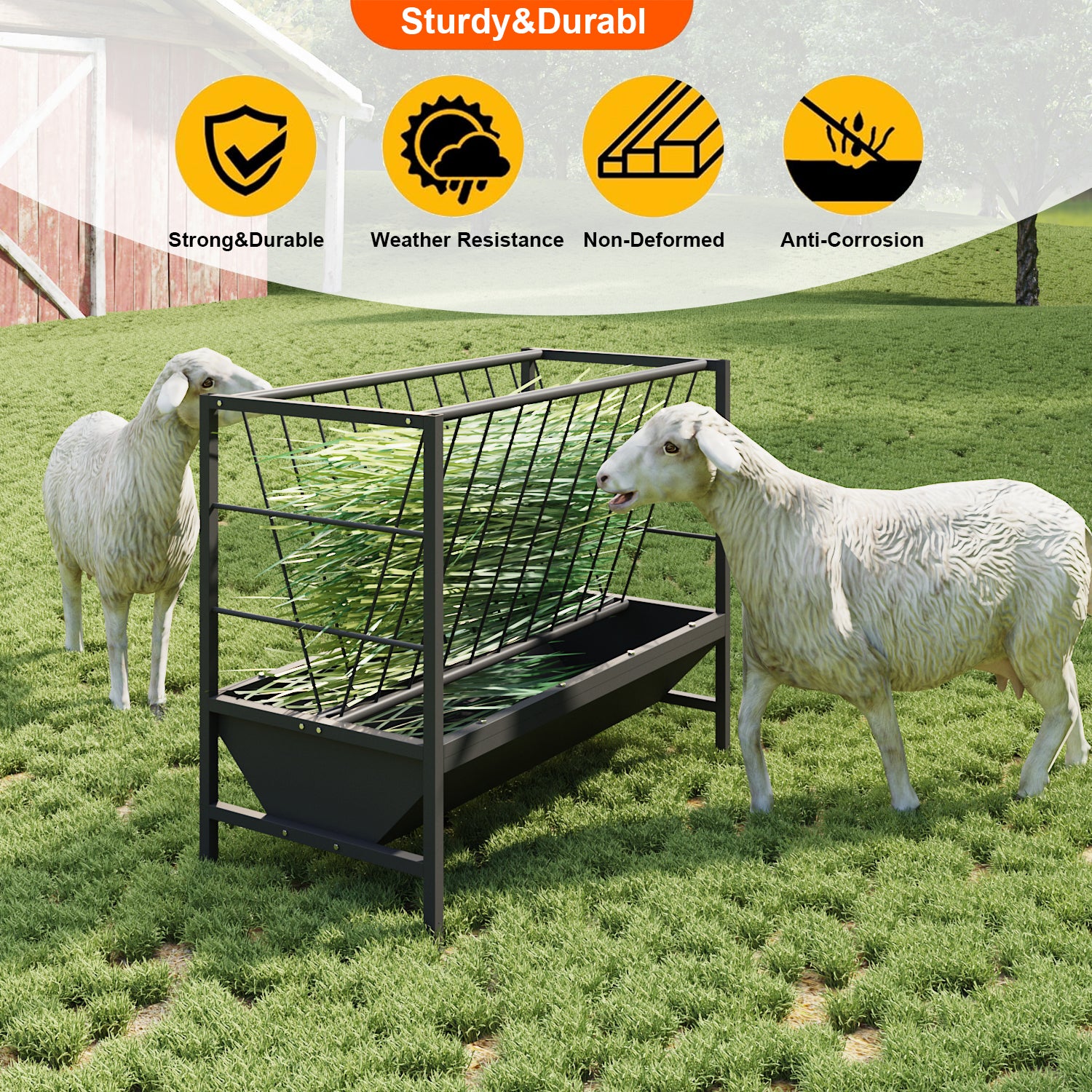 Sheep feeder with two sheep eating grass in a field, featuring durability icons above