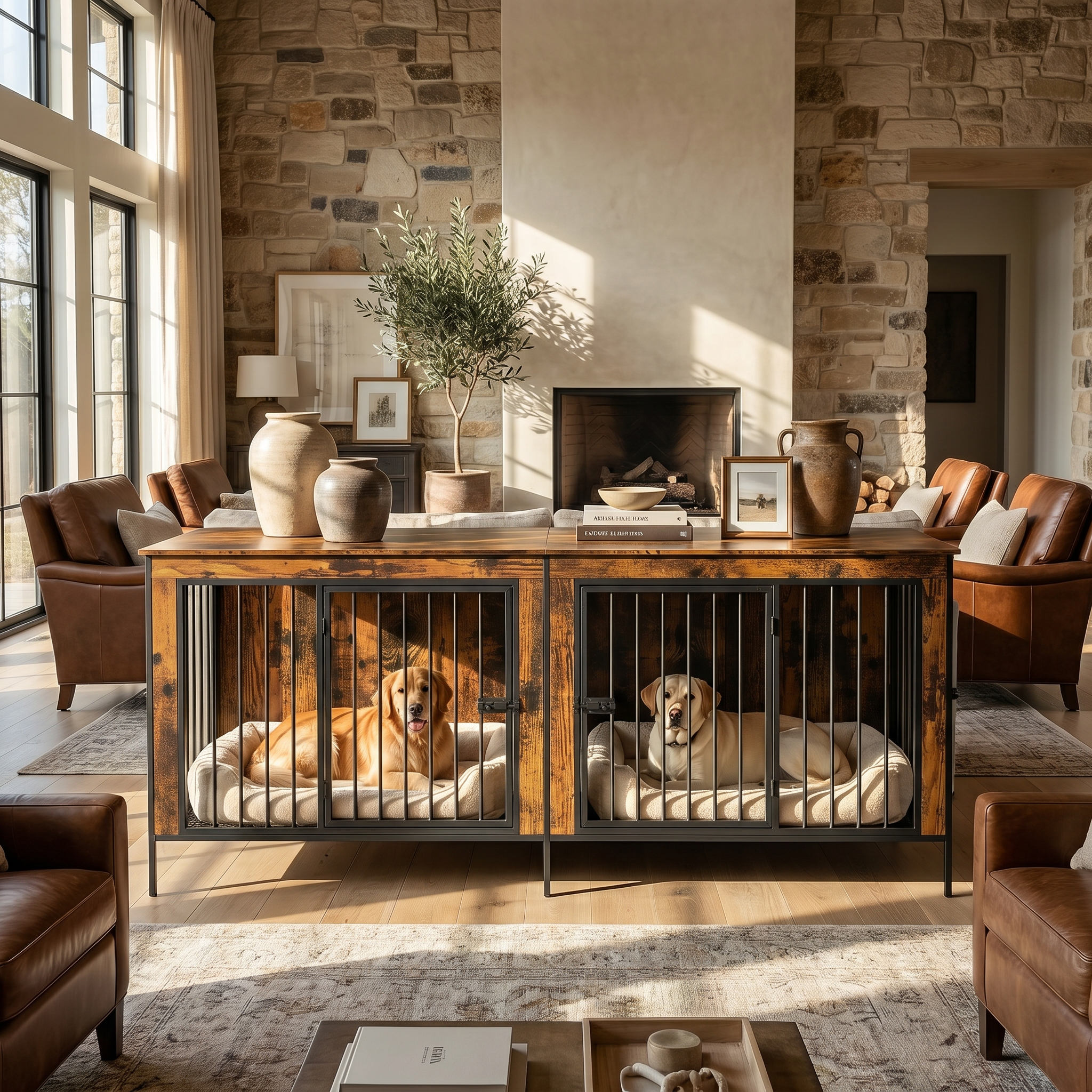 78.7 inches Rustic Wood Double Dog Crate End Table with Divider & Raised Legs