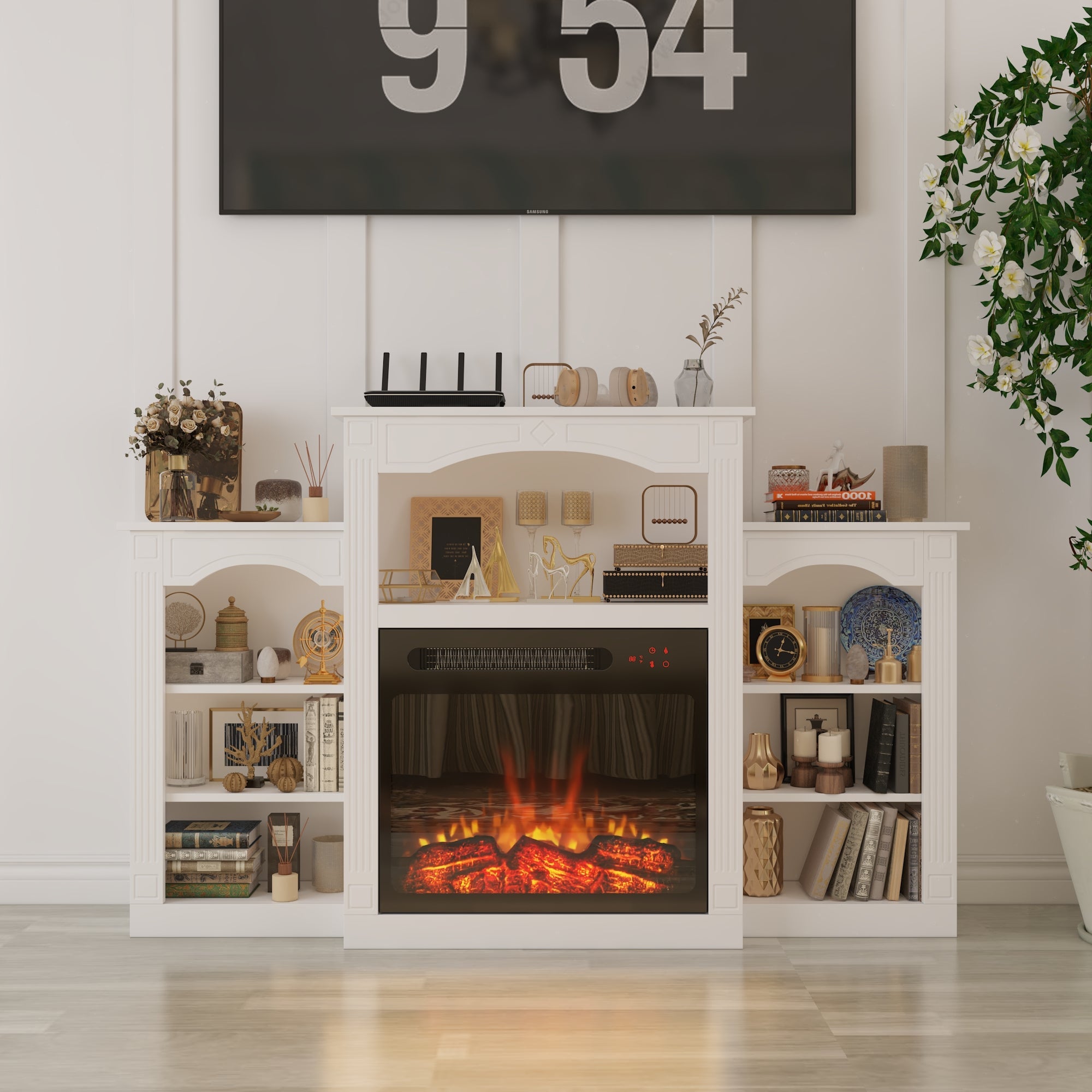 59'' W White Fireplace Heater TV Stand With Open Shelves & Timer