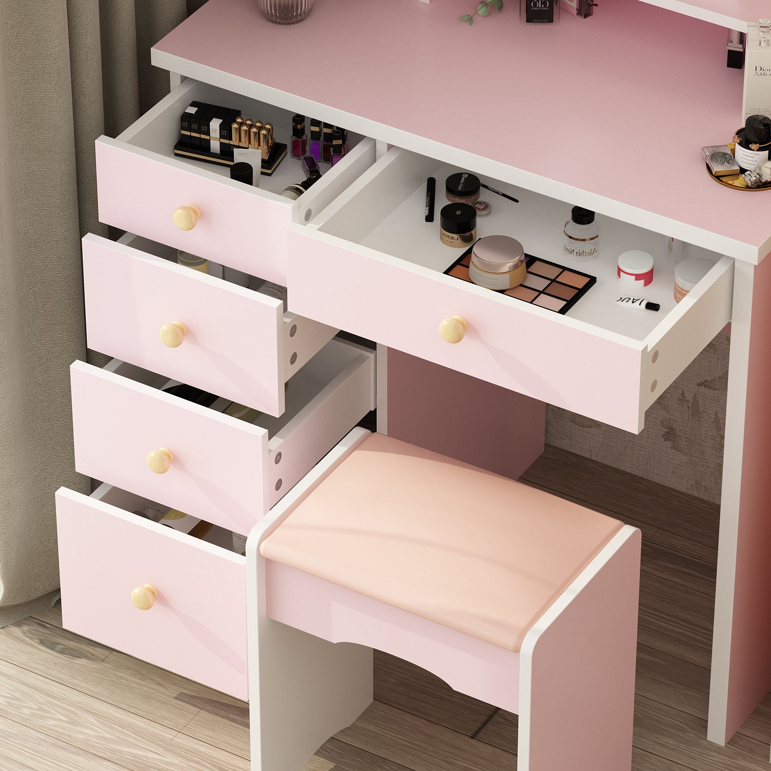 Makeup Vanity Set with Cushioned Stool, 5 Drawers & Display Shelves