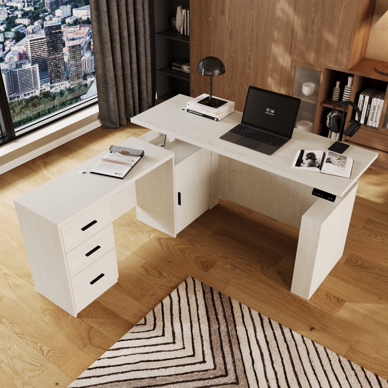 63"W L-Shaped 3-Drawer Lift Computer Desk