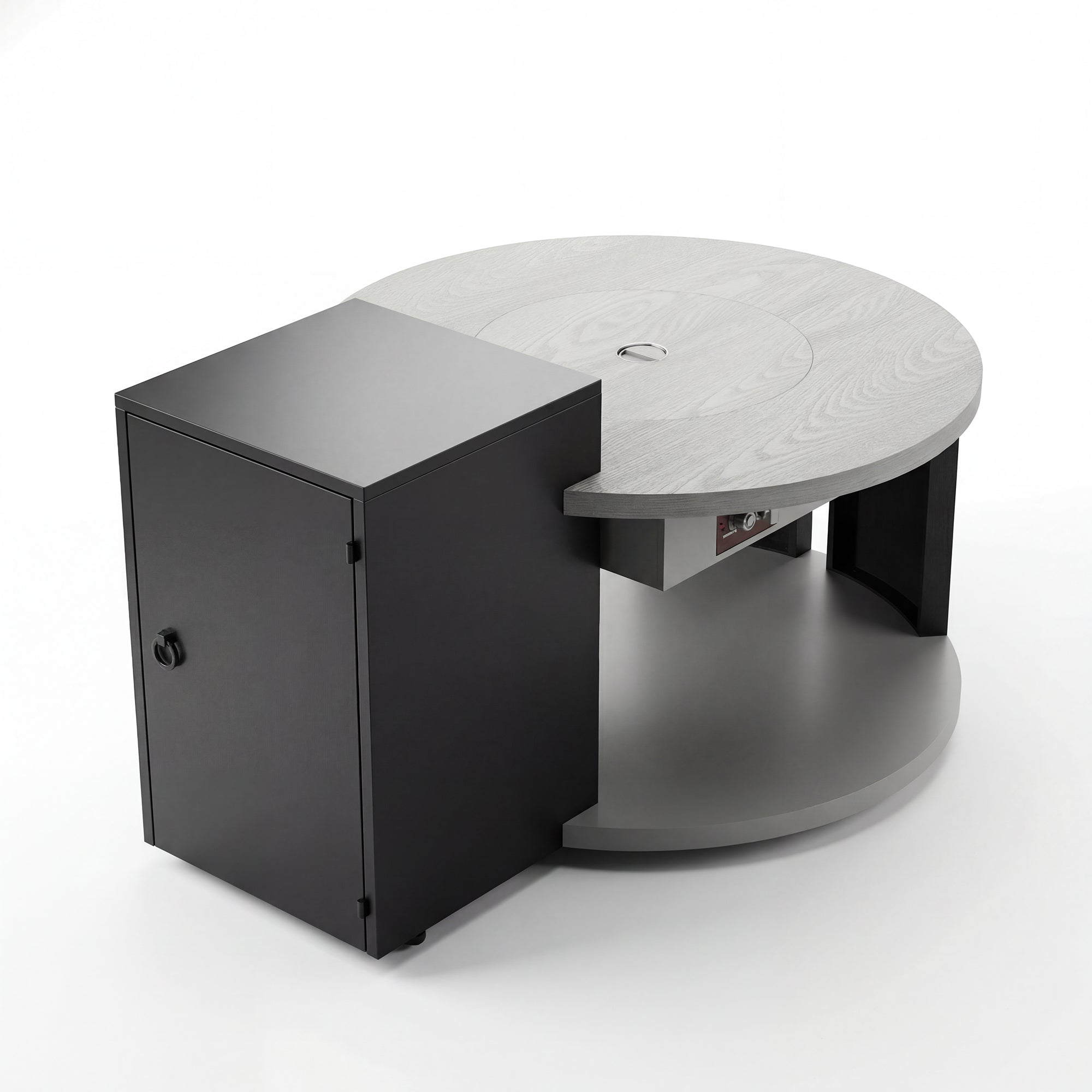 Modern black and gray side table with a round top on a white background