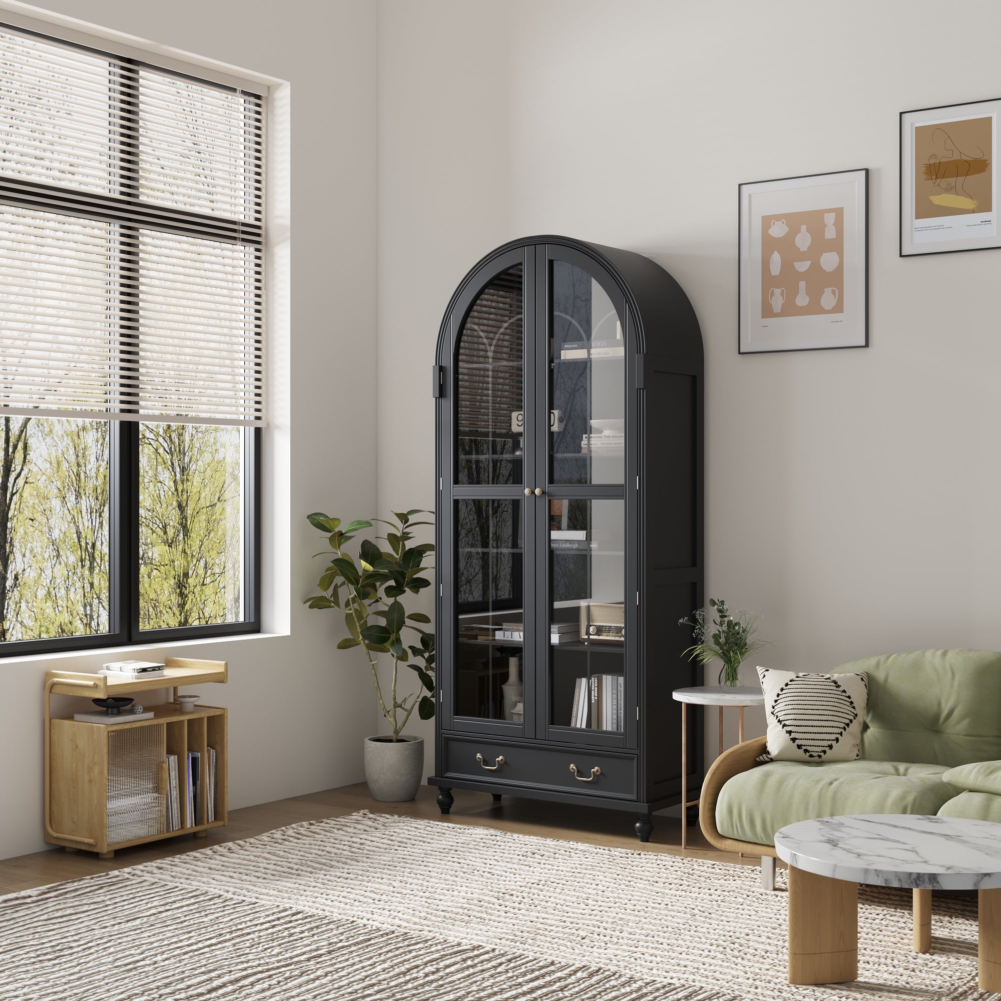 77'' H 2-Drawer Arched 5-Tier Bookcase Display Cabinet With Glass Doors