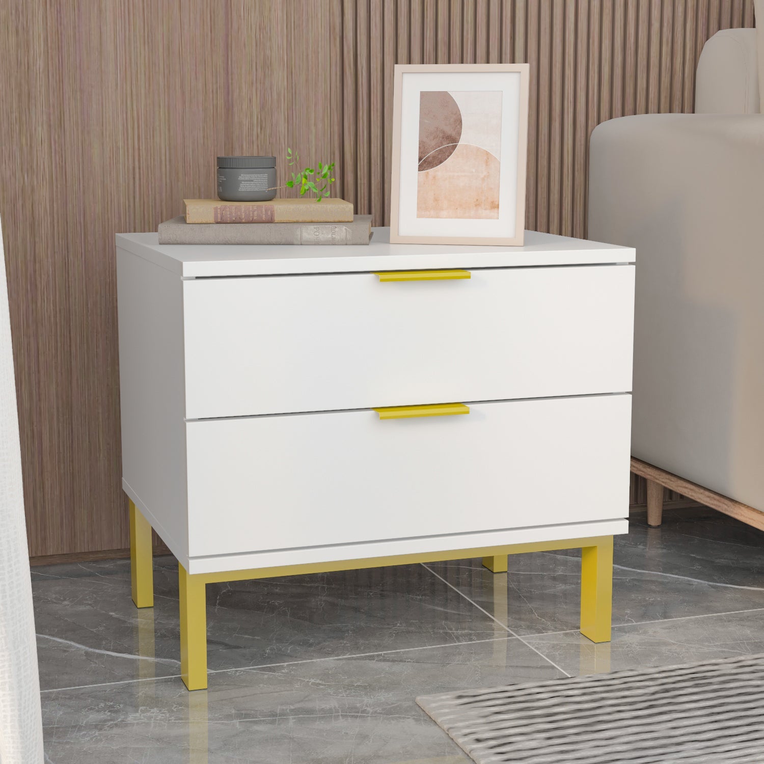 Nightstand with 2 Drawers End Table with Gold Metal Legs for Bedroom