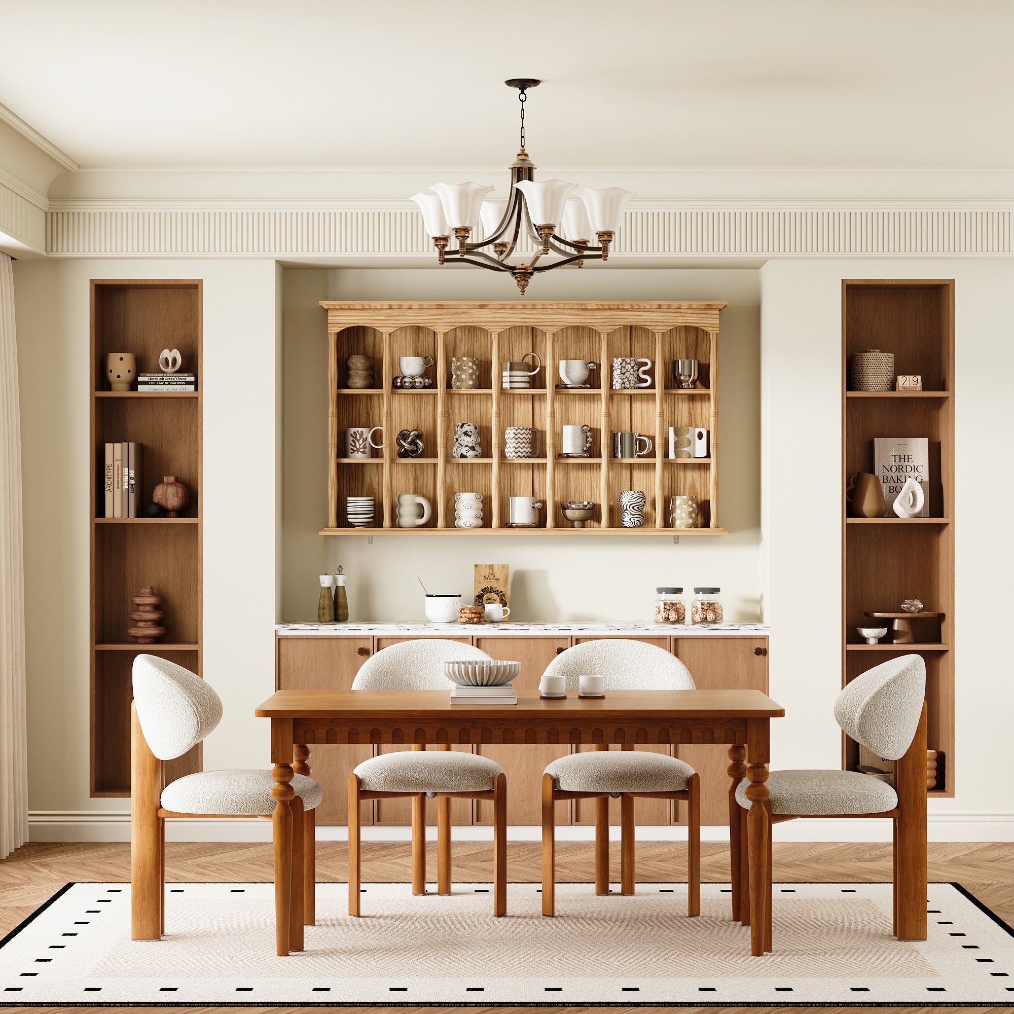 Wood wall cabinet with glass doors and open cubby shelves