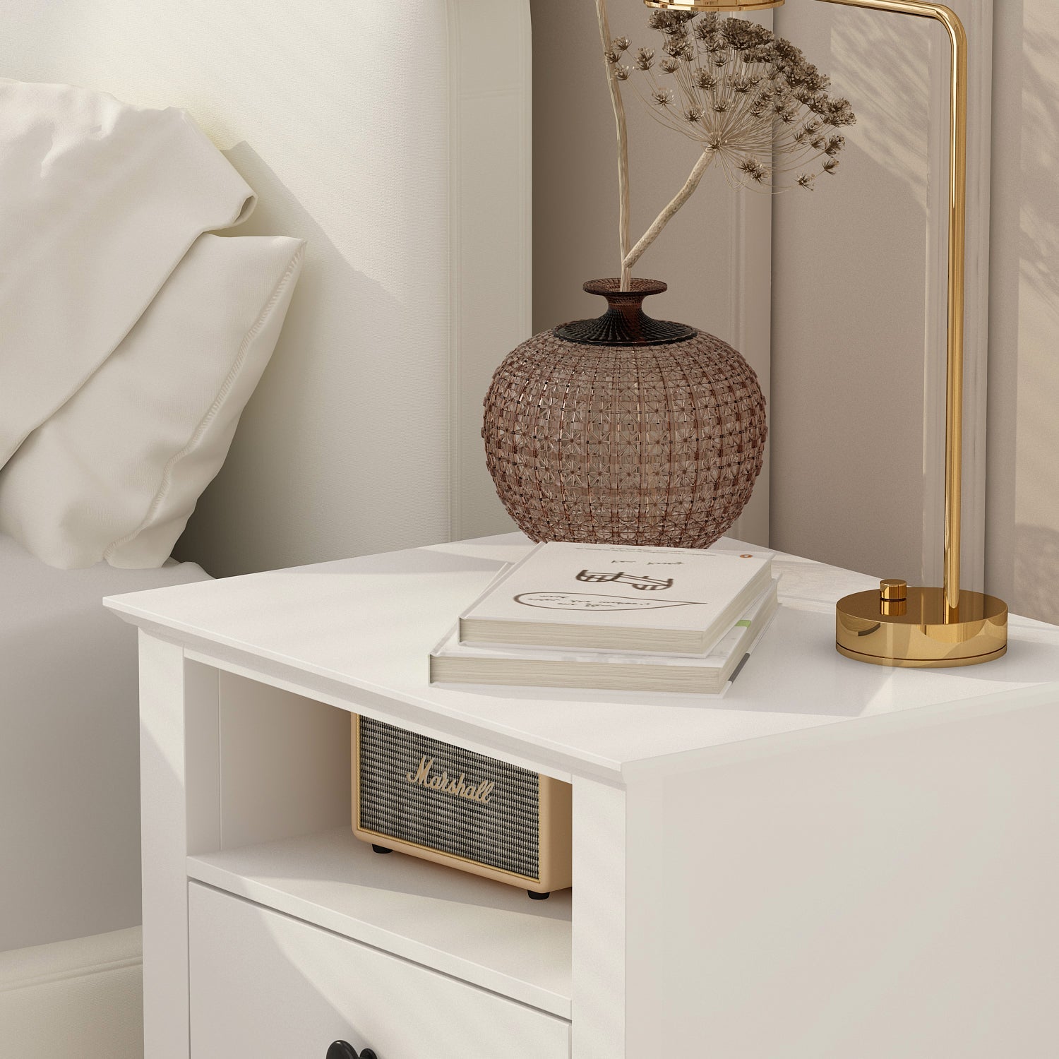 End Table Side Table with 2 Drawers & Shelf Bedside Table Nightstand with Wooden Legs