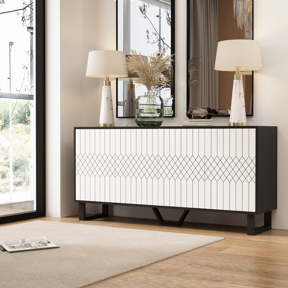 63" Modern Minimalist White 4-Door Storage Cabinet for Living Room and Entryway