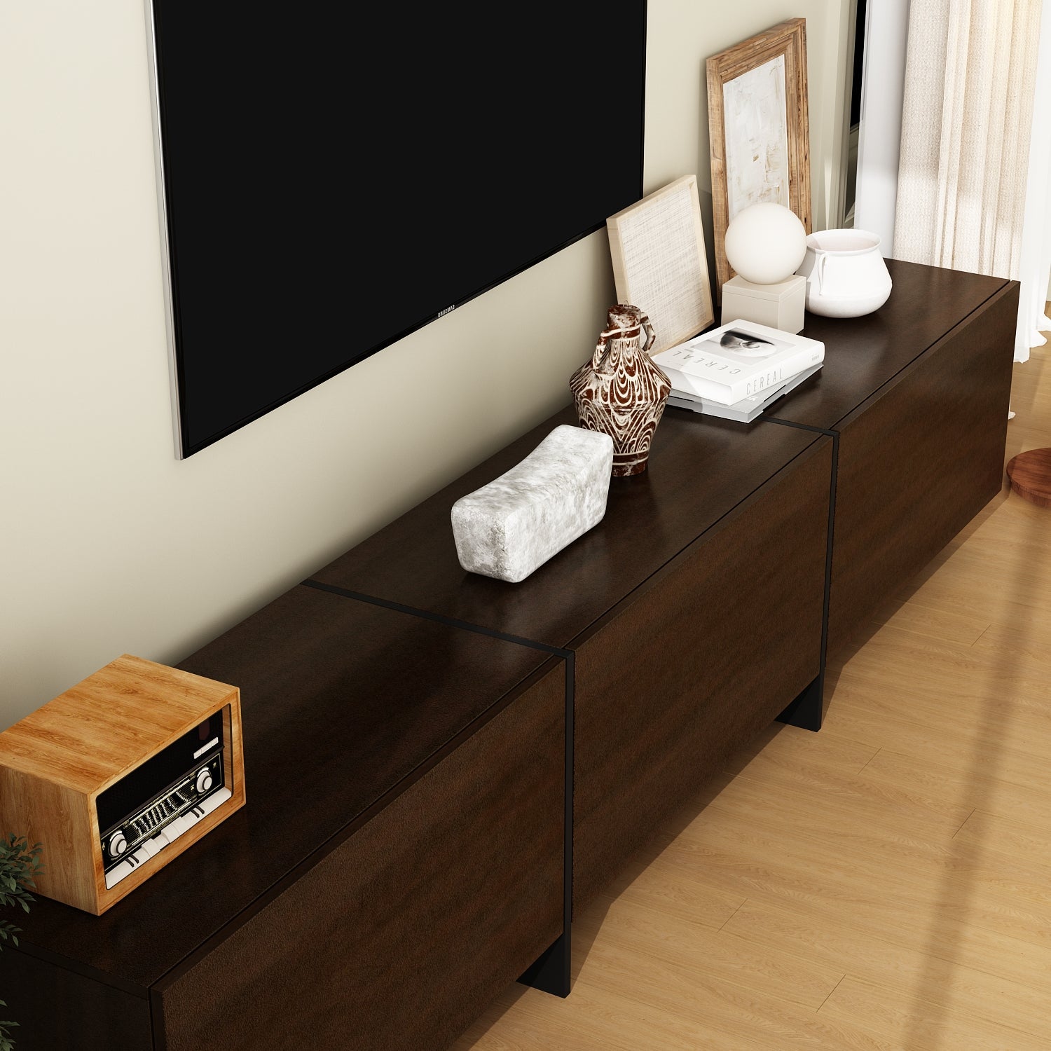 Modern Minimalist TV Stand With Hidden Storage And Soft-Close Hinges, 71.7 Inches, Dark Walnut