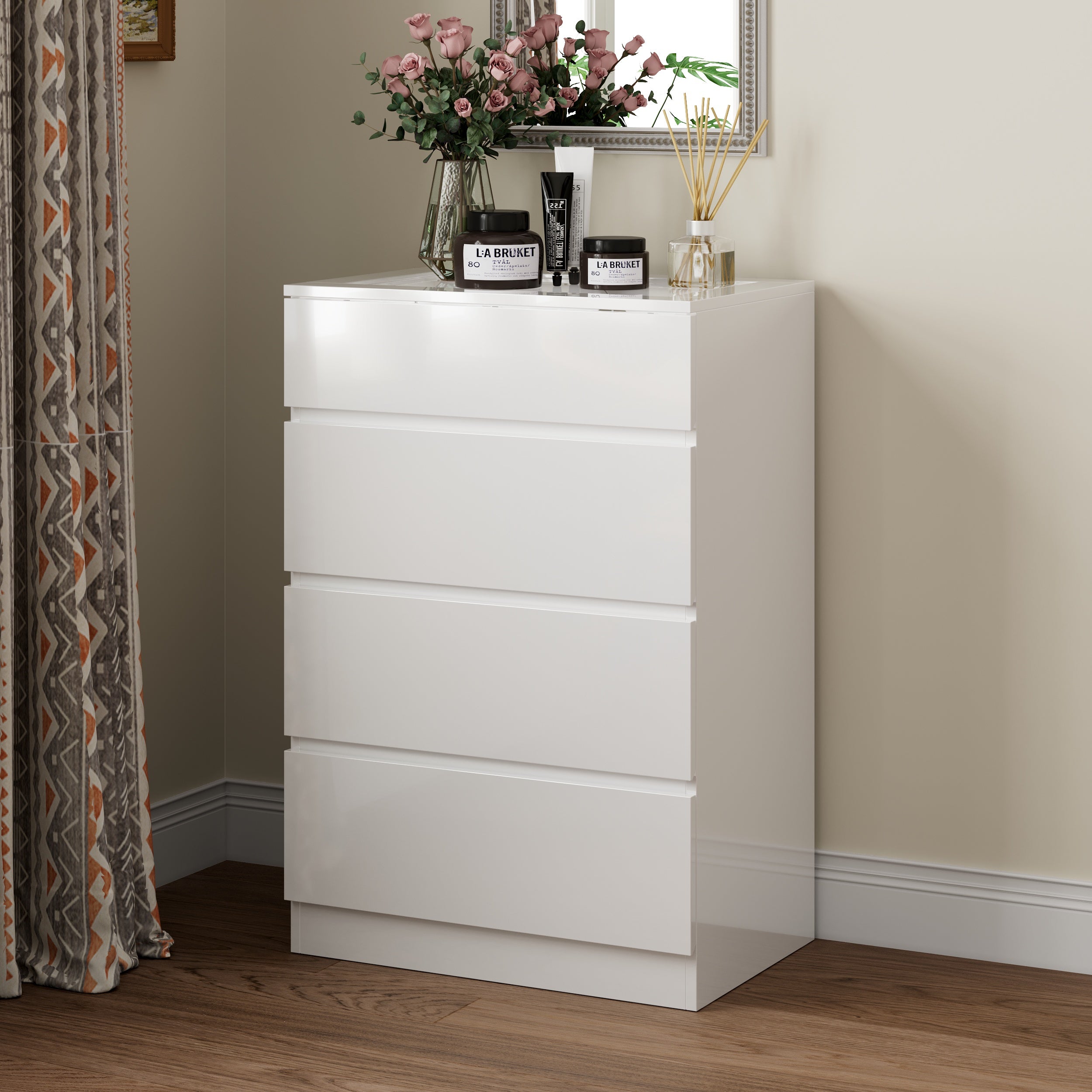 White dresser with jewelry organizer top and 4 drawers