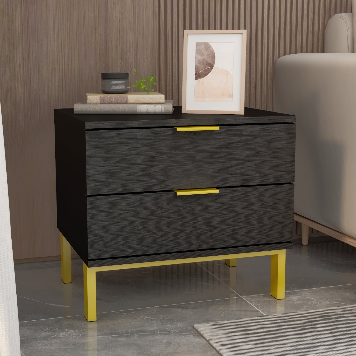 Nightstand with 2 Drawers End Table with Gold Metal Legs for Bedroom