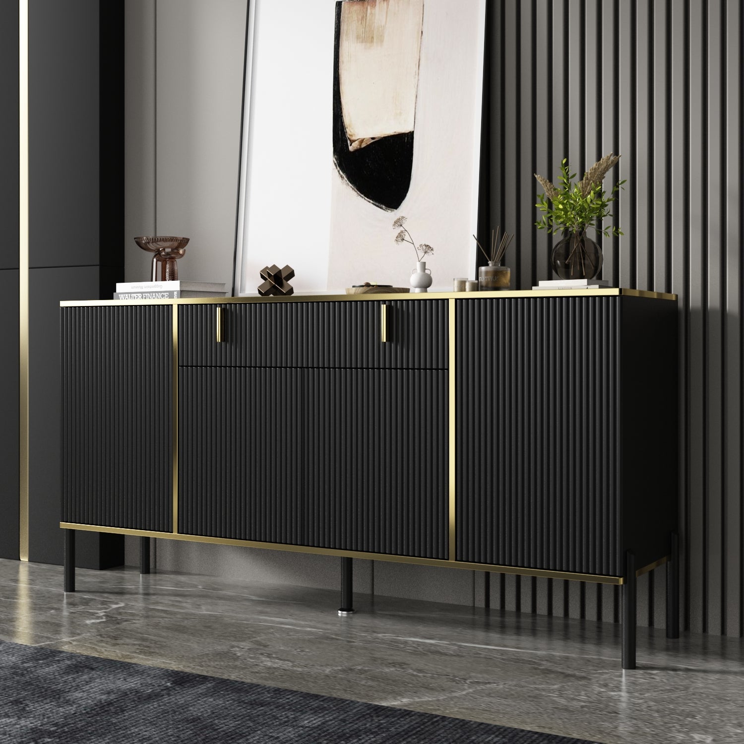 Wide Sideboard Buffet Storage Cabinet in Black with Drawer & Pop-up Doors