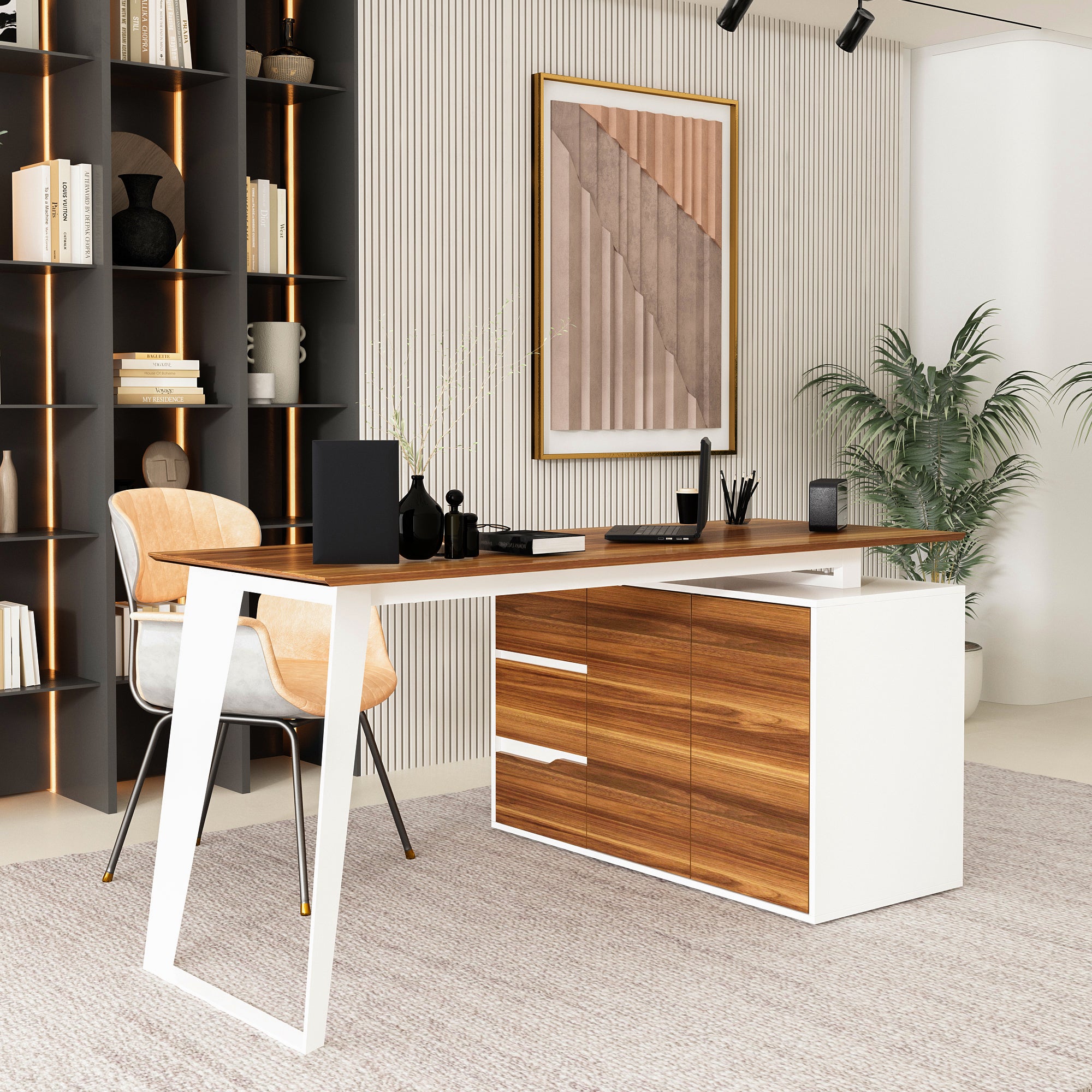 54.3" Mid-Century Modern L-Shaped Corner Computer Desk with Drawers and Wood Grain