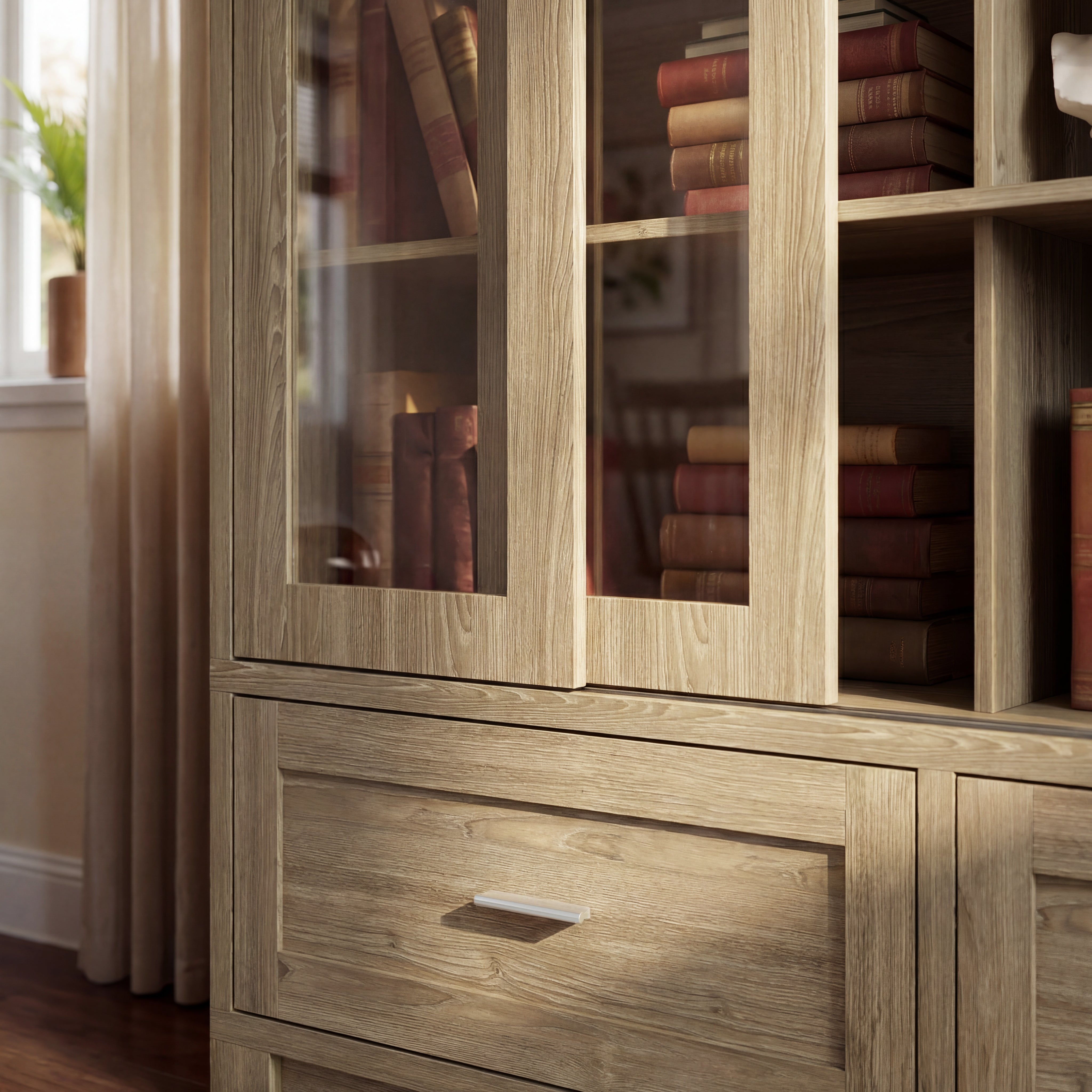 63 inches Modern Rustic Wood China Cabinet with 2 Drawers and 4 Sliding Glass Doors