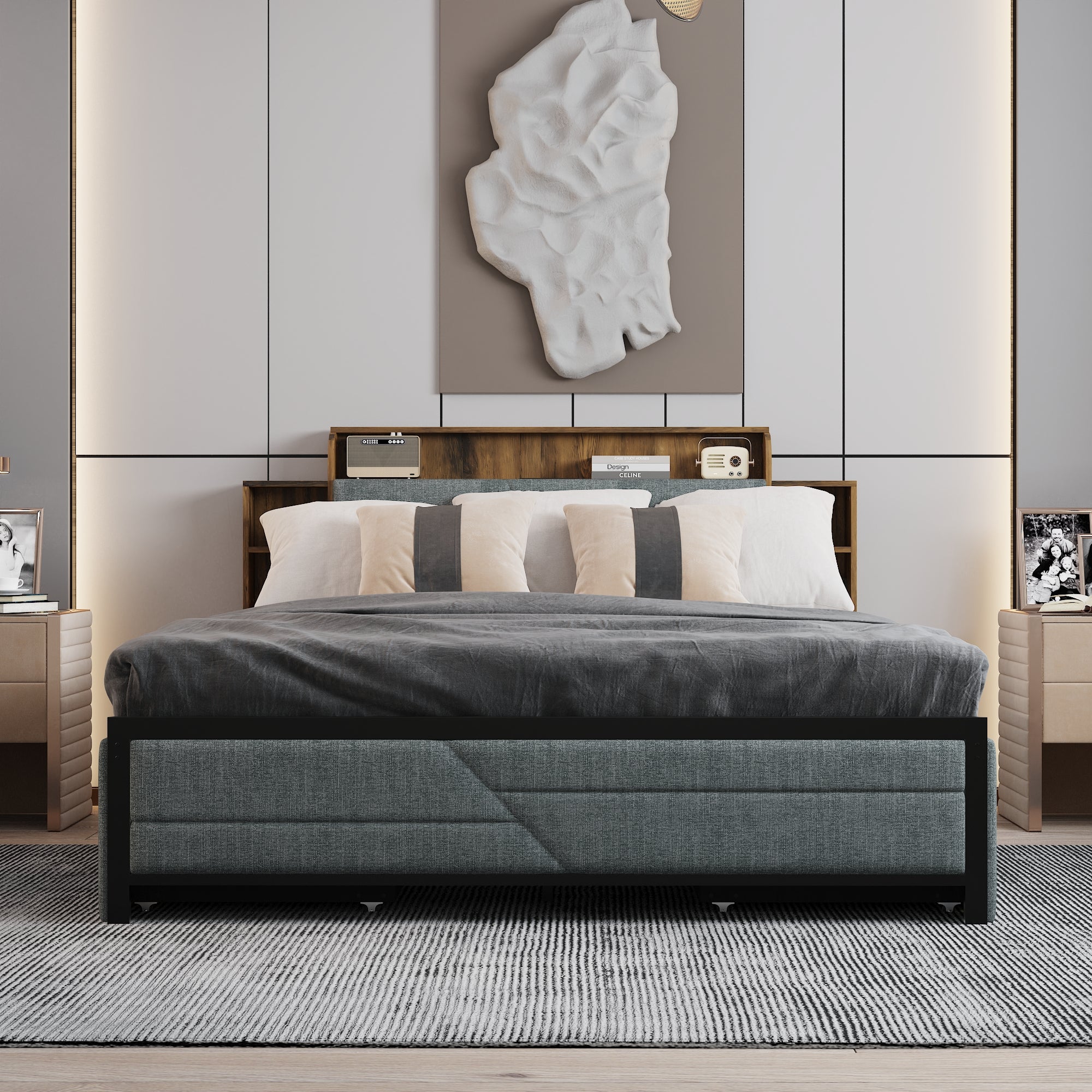 Low Profile Platform Bed With Storage Drawers And Power Outlet