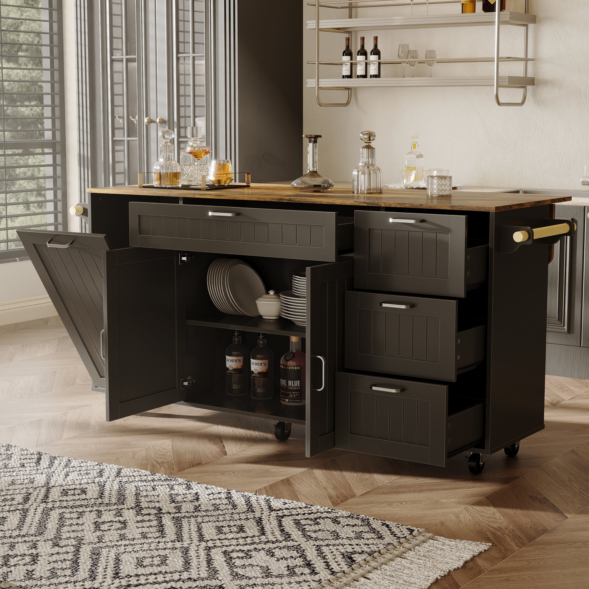 Black kitchen island with wood top, drawers, cabinet doors, towel bar, and wheels