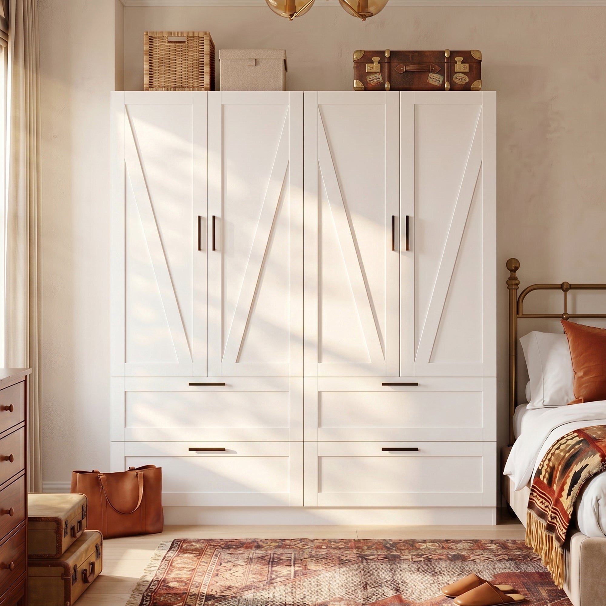 59.8" Modern Farmhouse White 4-Door Wardrobe with Geometric Slat Doors, 4 Drawers and Black Handles