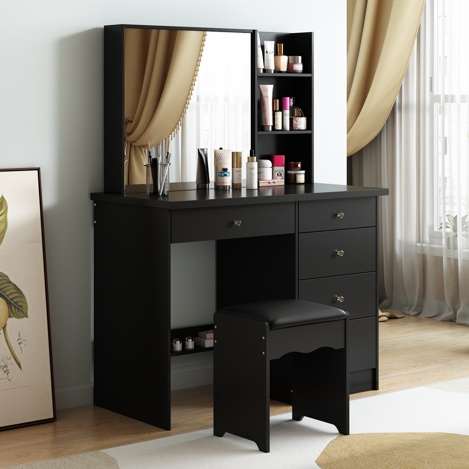 Makeup Vanity Set with Cushioned Stool, 5 Drawers & Shelves