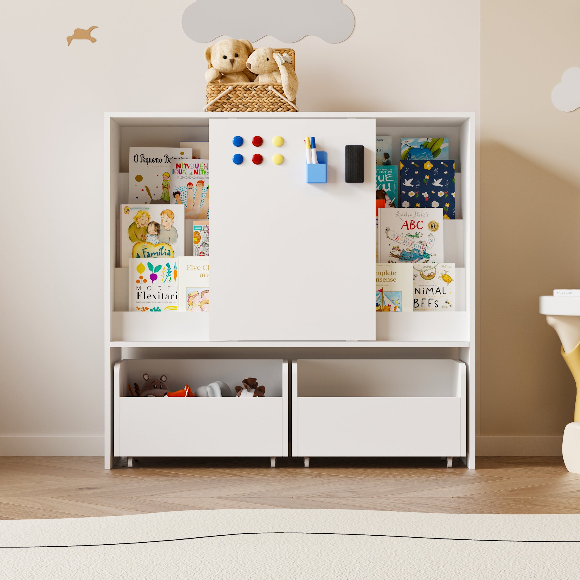 Kids Sliding Door Bookcase With Magnetic Whiteboard