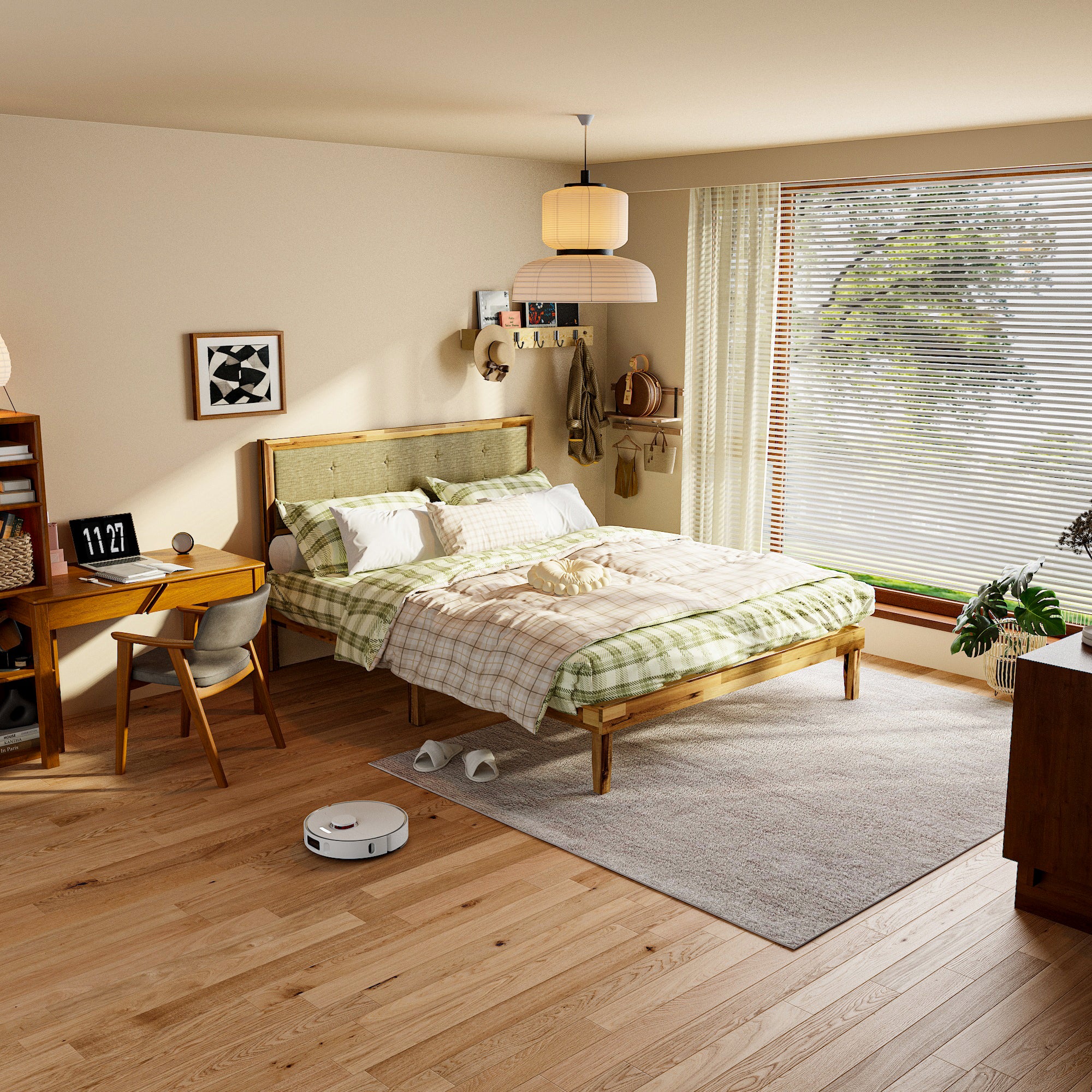 Rustic Solid Acacia Wood Platform Bed Frame With Upholstered Headboard, No Box Spring Needed