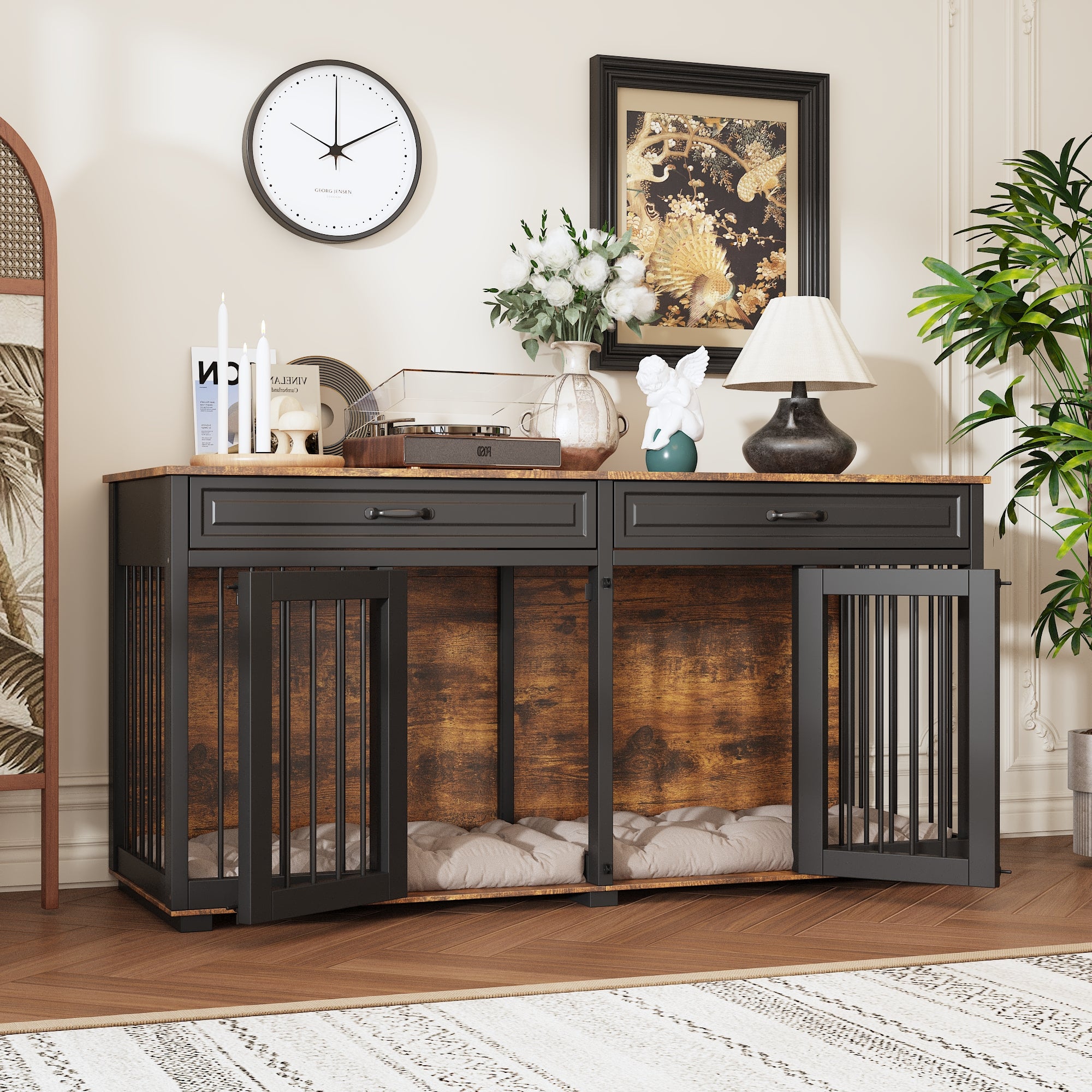 Large Wooden Dog Crate with Divider and Side Table