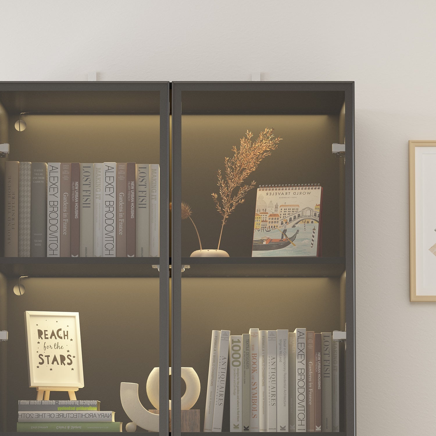 Display Cabinet Bookcase Stand Trophy Showcase with Lights and Glass Doors