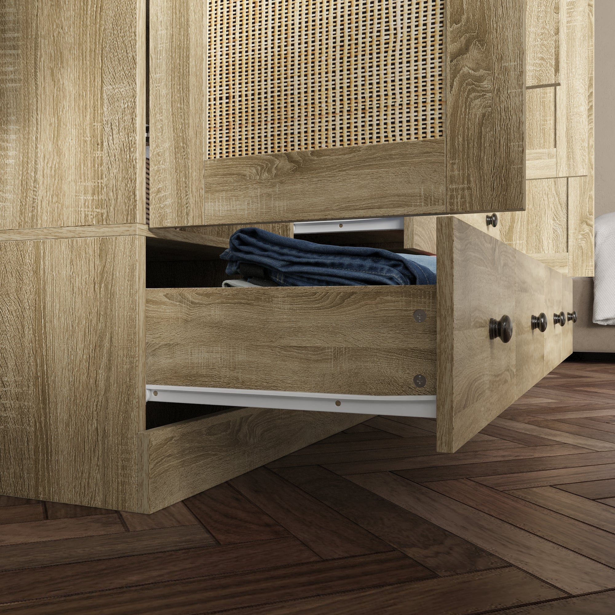 Rustic Four-Door Wardrobe With Rattan Paneling And Six-Drawer Storage