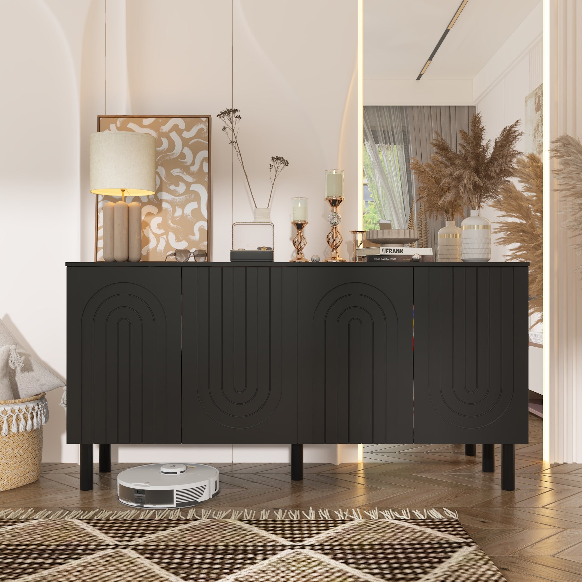 Sideboard Buffet Table Console Table in White Finish 4 U-Shaped Doors