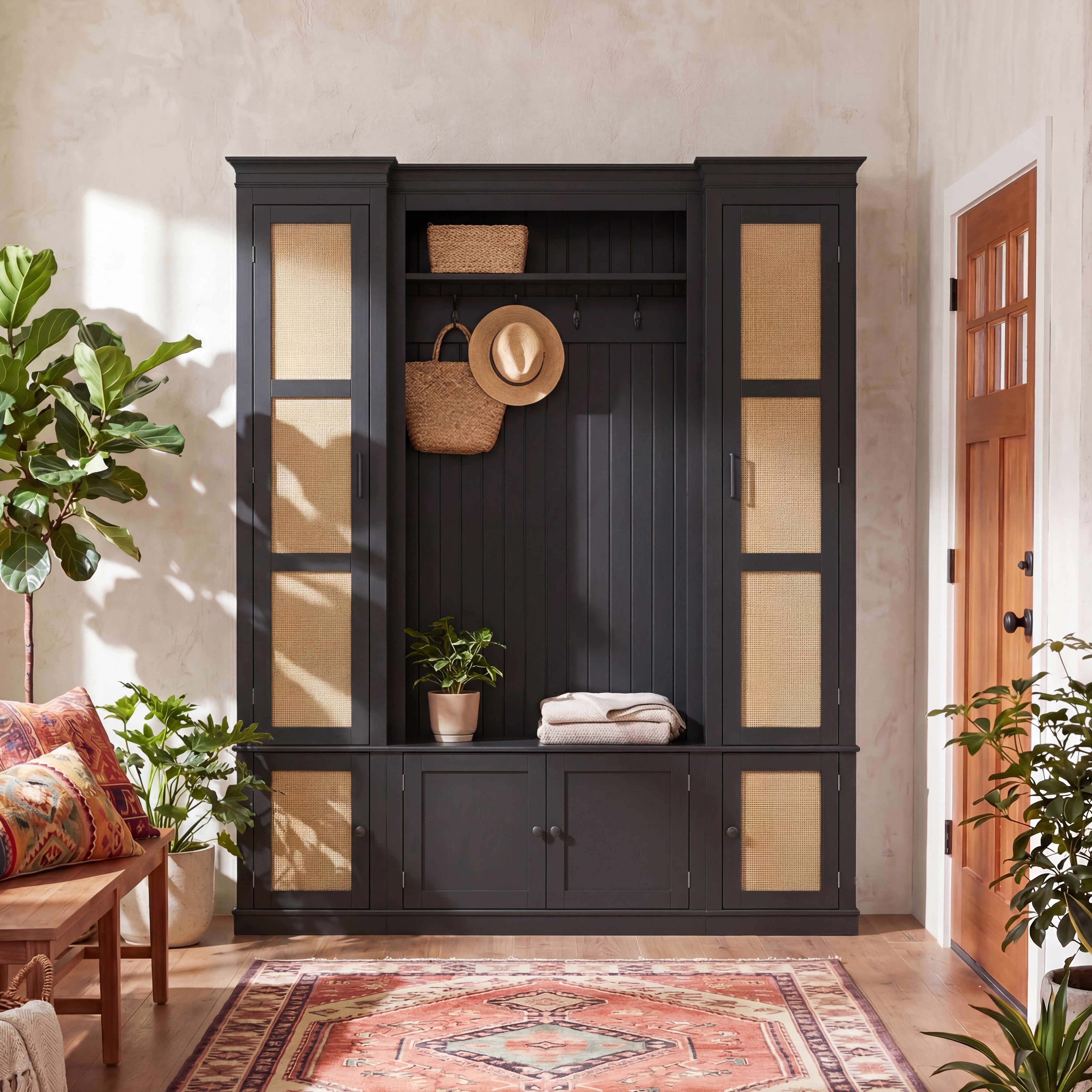 63.2 inches Black Farmhouse 4‑In‑1 Hall Tree Entryway Organizer with Coat Rack, Shoe Storage Bench & Rattan Side Cabinets