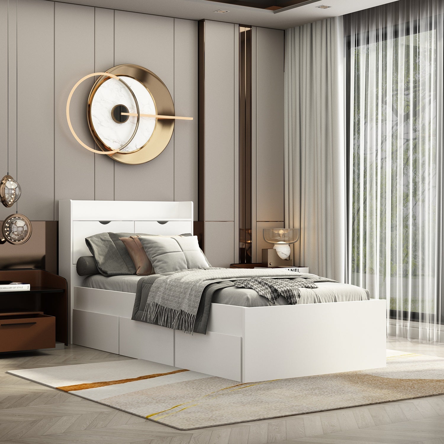 Platform Storage Queen Bed with Storage Headboard and 2 Drawers