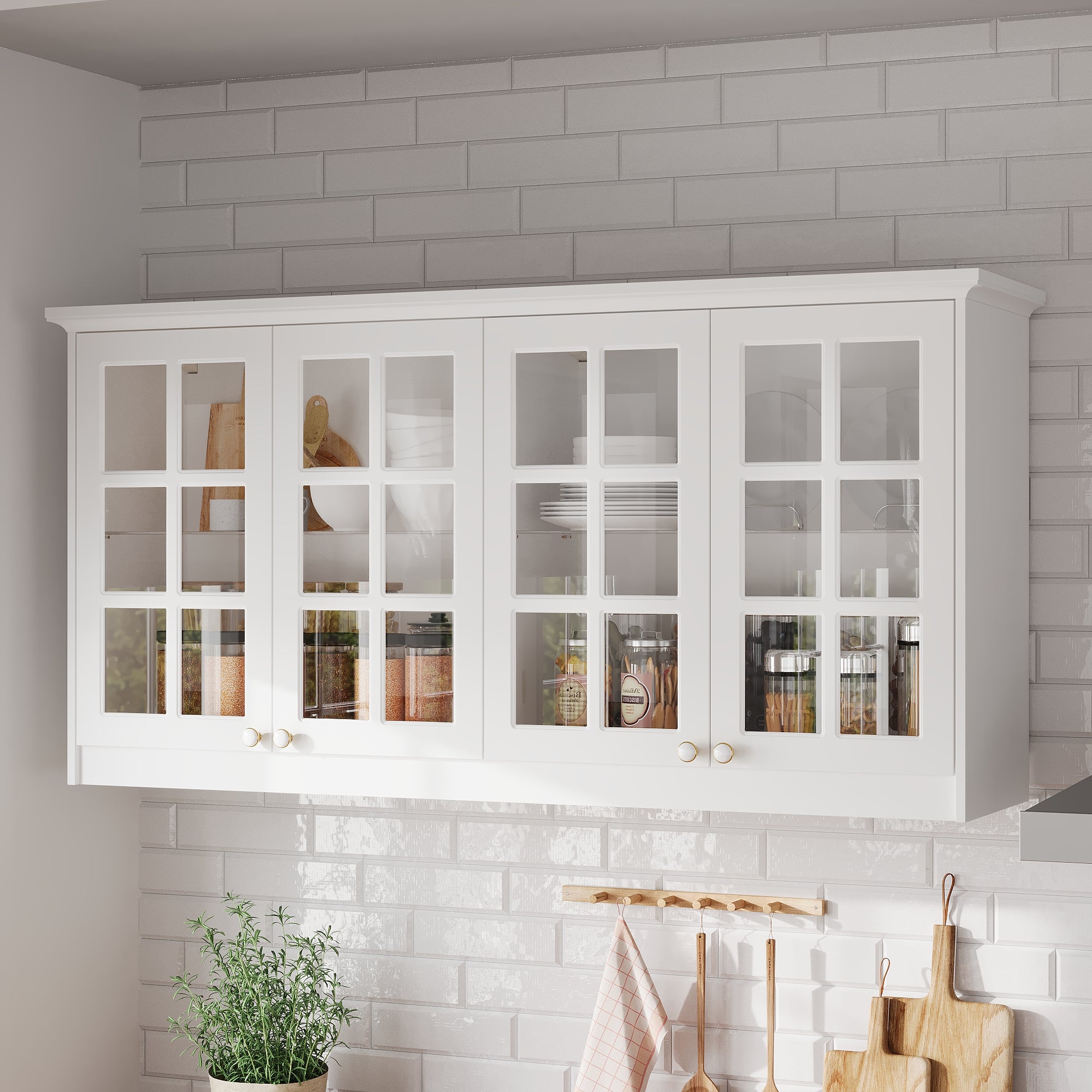 63.4 inch Modern White Wall Mounted Kitchen Cabinet with 4 Glass Doors