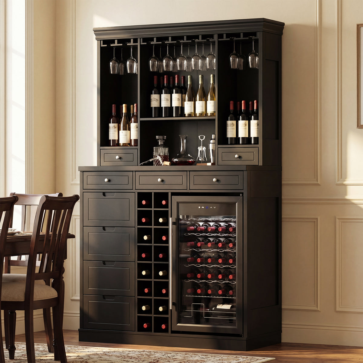 Wine cabinet with wine bottles and glasses in a home setting