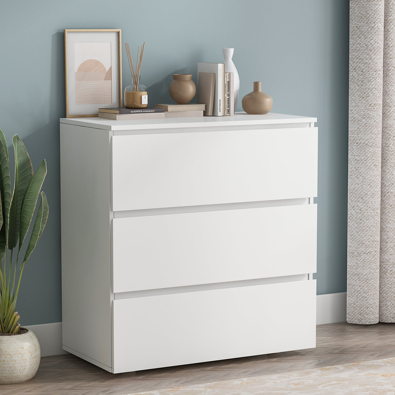 Chest Table Storage White Sideboard with 3 Drawers No-Handle Organizer