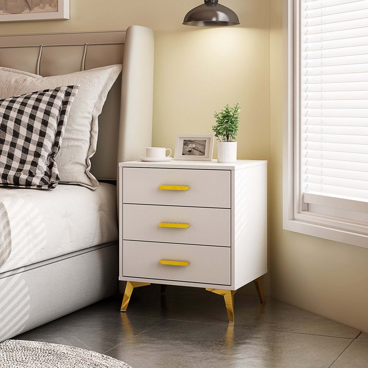 Bedside Nightstand White Finish Cabinet for Bedroom Storage