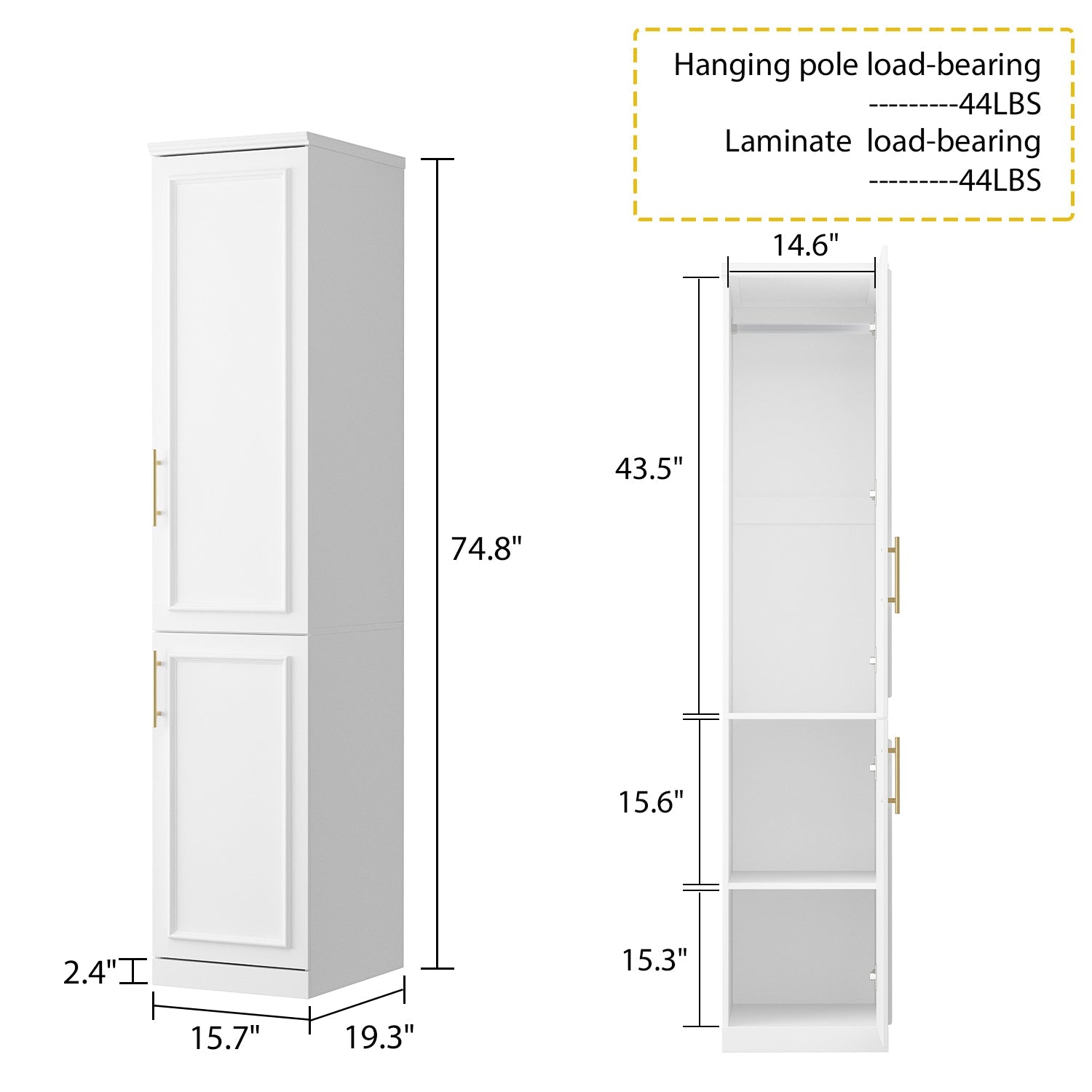 Compact Wardrobe With Dual Doors, Space-Saving Design With Golden Handles And Multiple Storage Sections