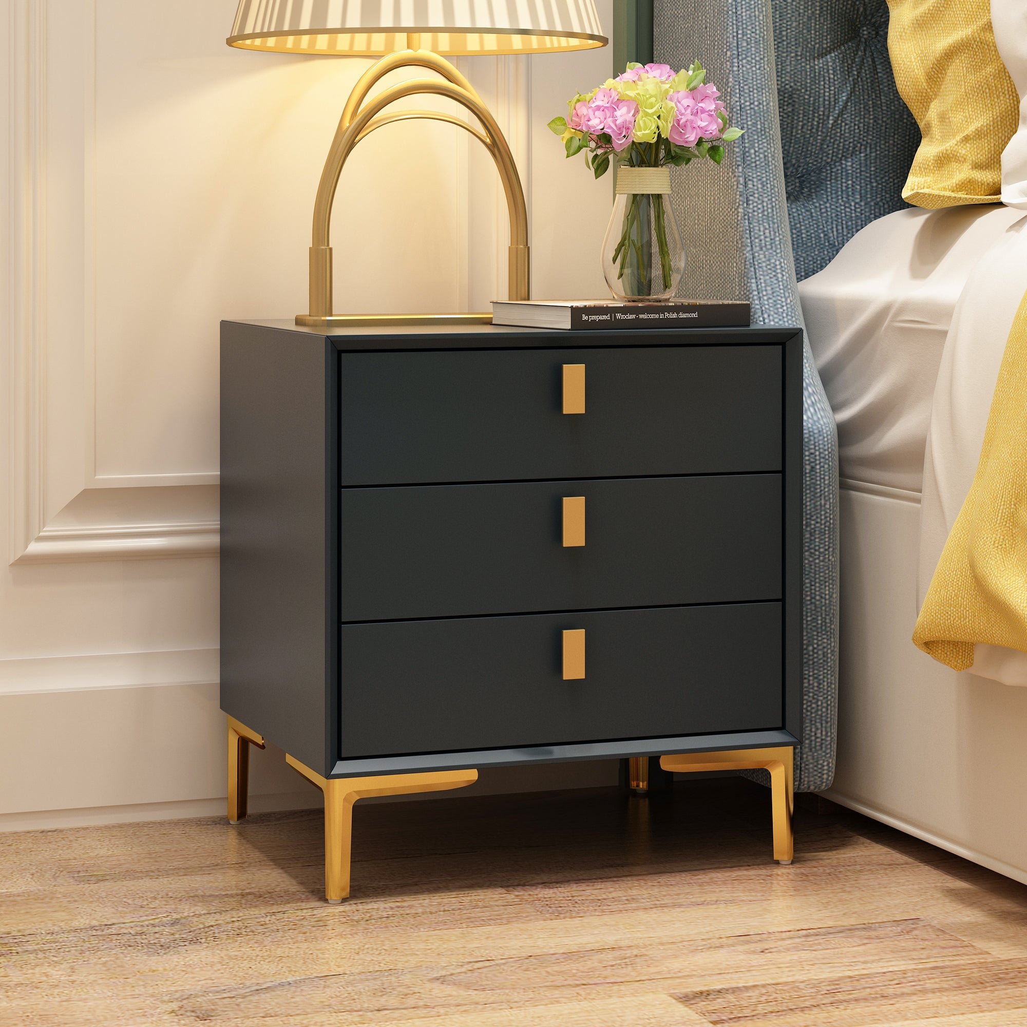 Nightstand Dresser Black End Table in Gold Metal Legs with 3 Drawers