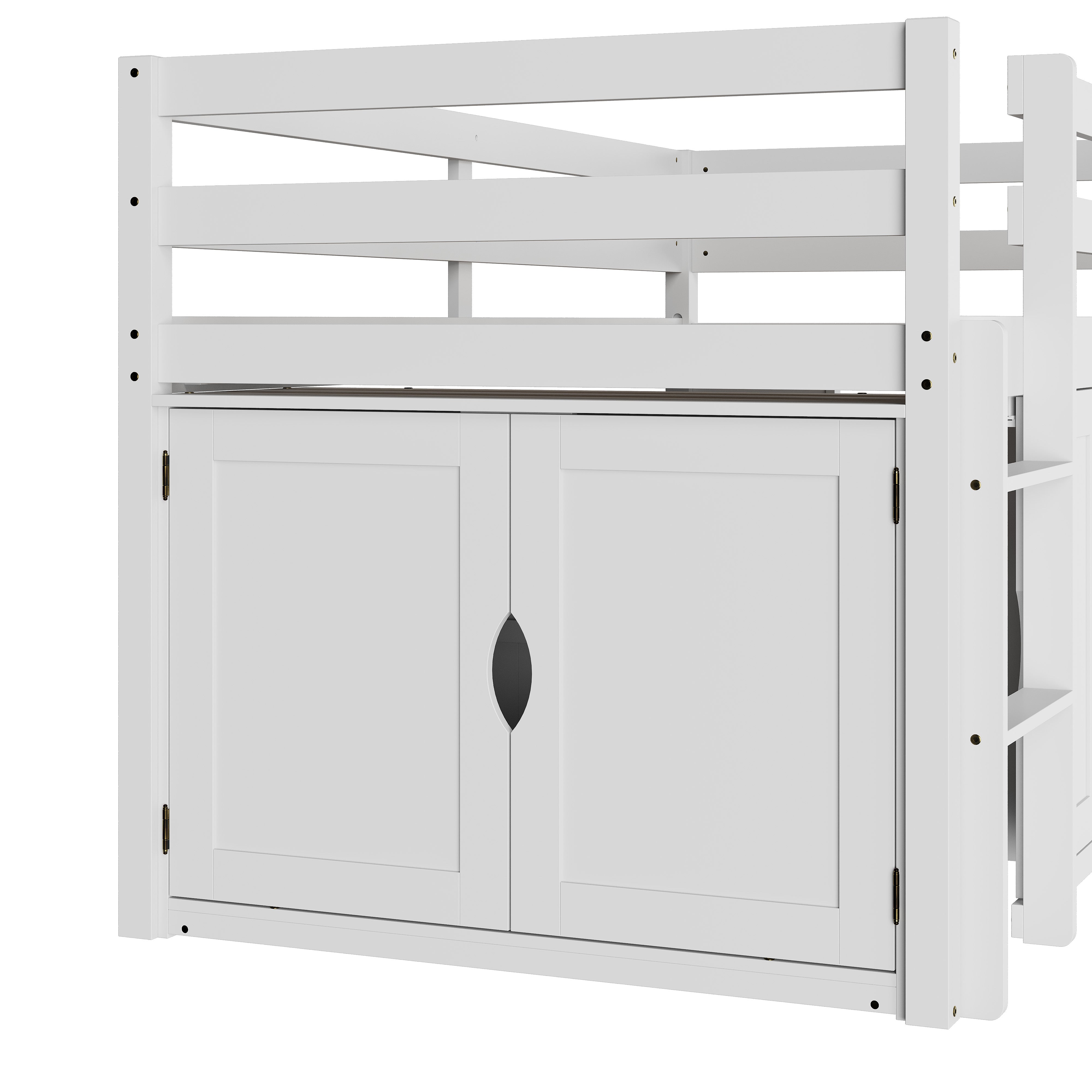 White kids loft bed with storage cabinets, shelves, and ladder