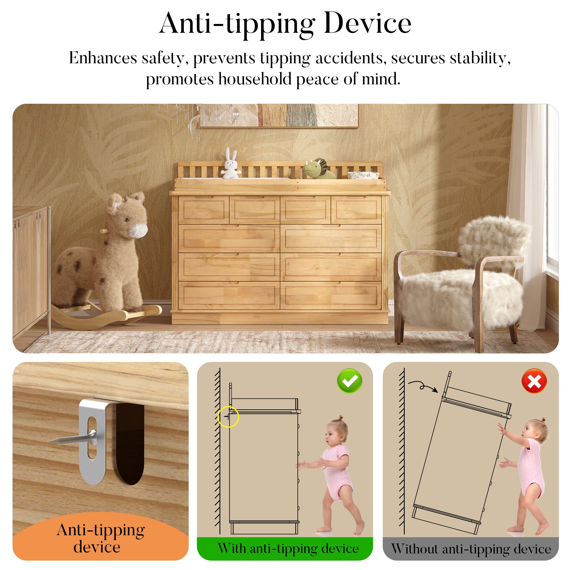 Wood changing table dresser with removable changing topper and multiple drawers