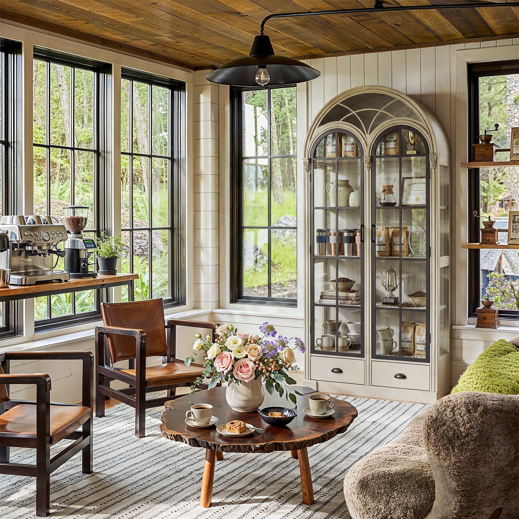 Arched display cabinet with glass doors and drawers