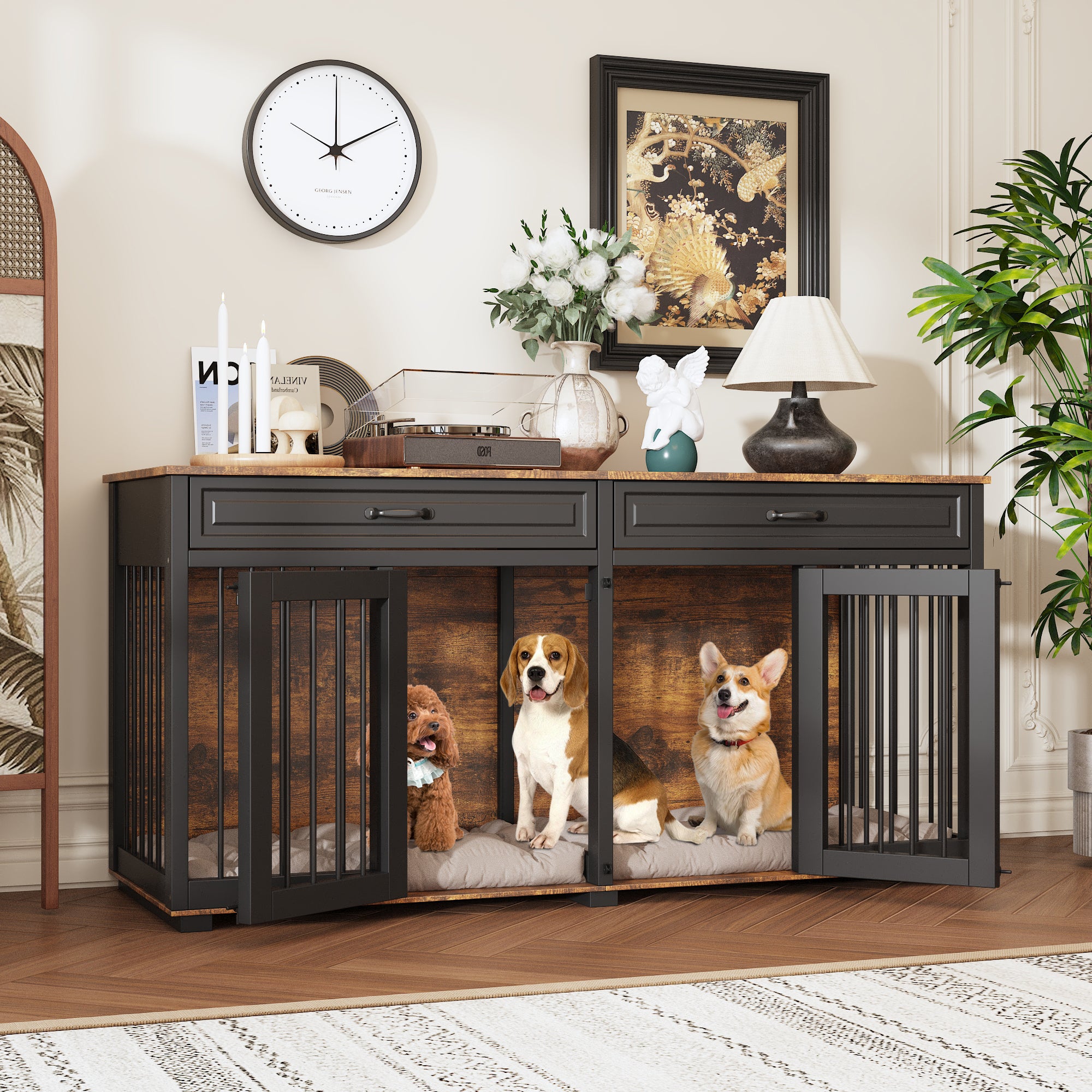 Large Wooden Dog Crate with Divider and Side Table