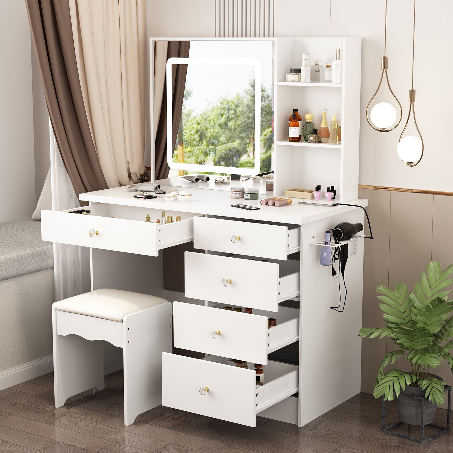 Makeup Vanity Desk with Lighted Mirror and Outlet