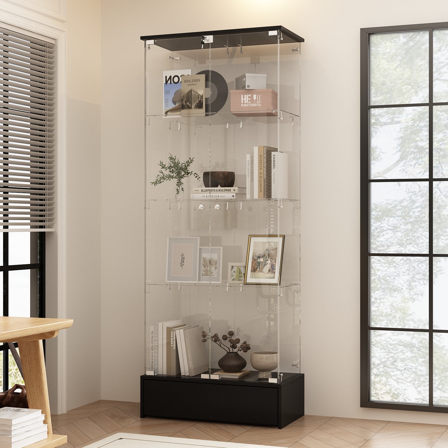 27.6 inches Modern Black Transparent Display Bookcase With Glass Swing Doors And Lock