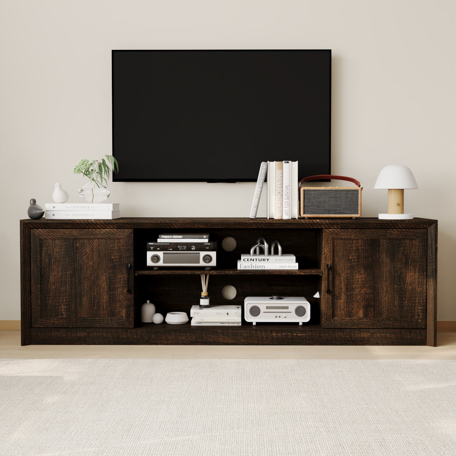 70.9" TV Stand With Adjustable Center Shelf, Black Metal Handles, And Dual Side Cabinets