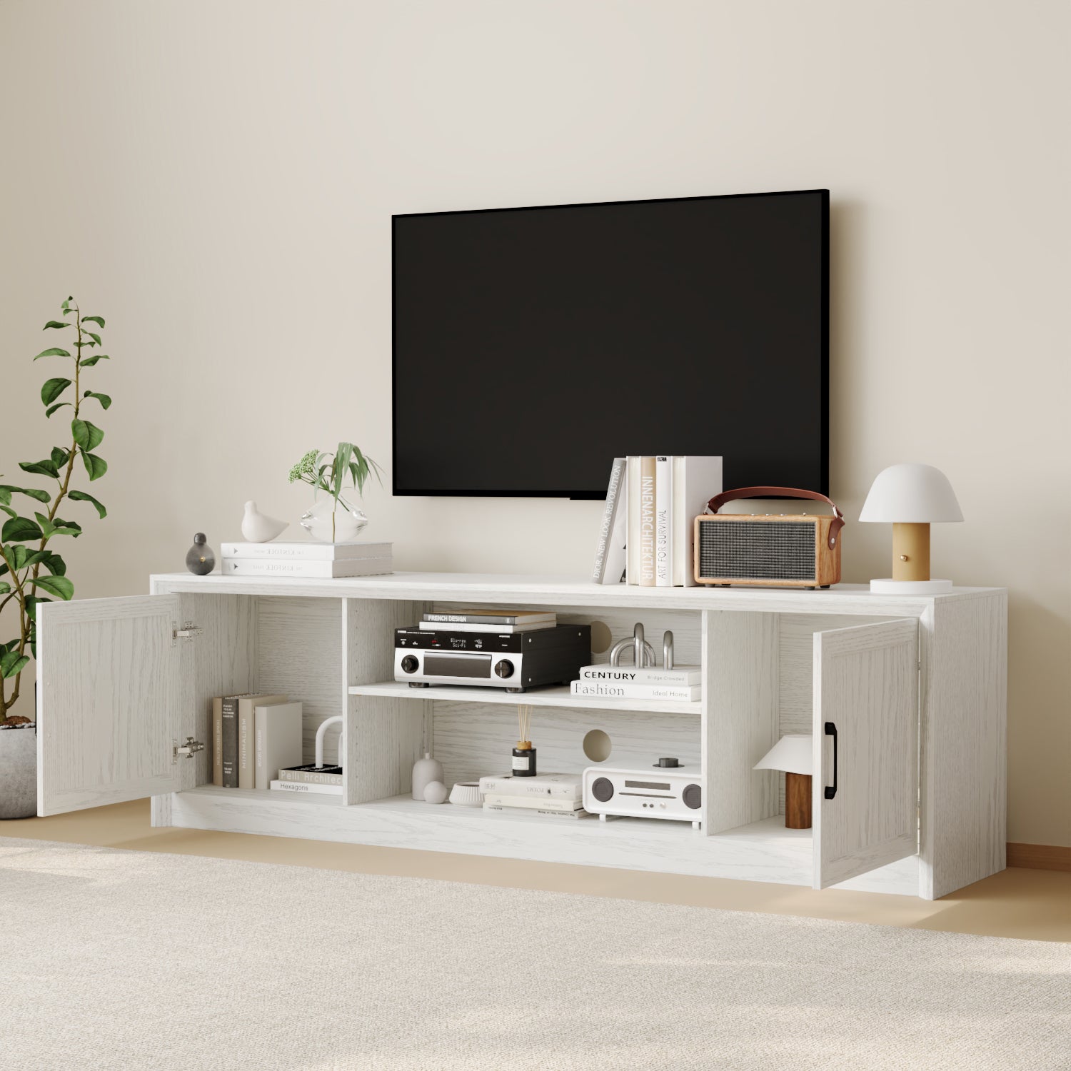 70.9" TV Stand With Adjustable Center Shelf, Black Metal Handles, And Dual Side Cabinets