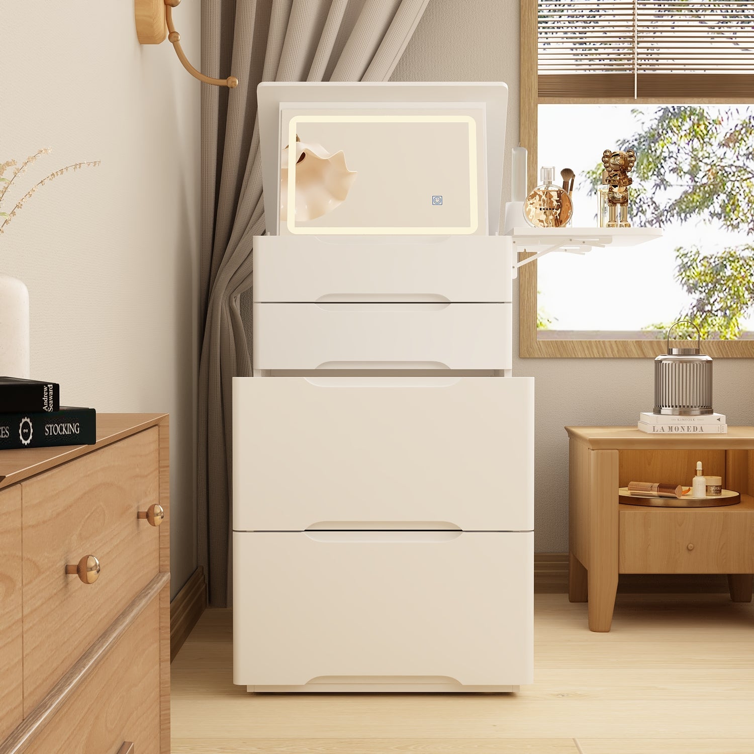 Makeup Vanity Table With Flip Top Desktop, LED Lighted, Storage Makeup Stool, Side Shelves