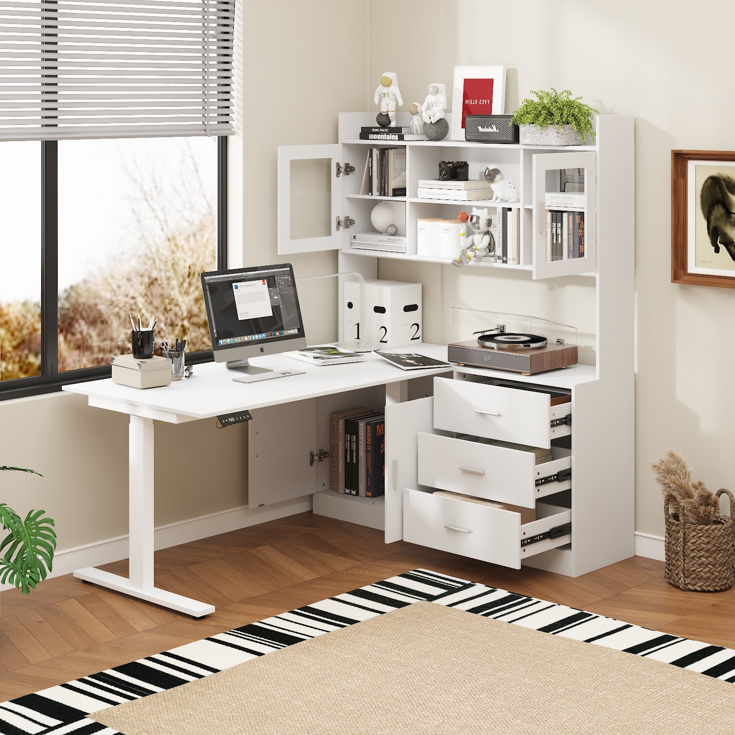 Elevating Computer Desk With 68.5'' W Bookcase