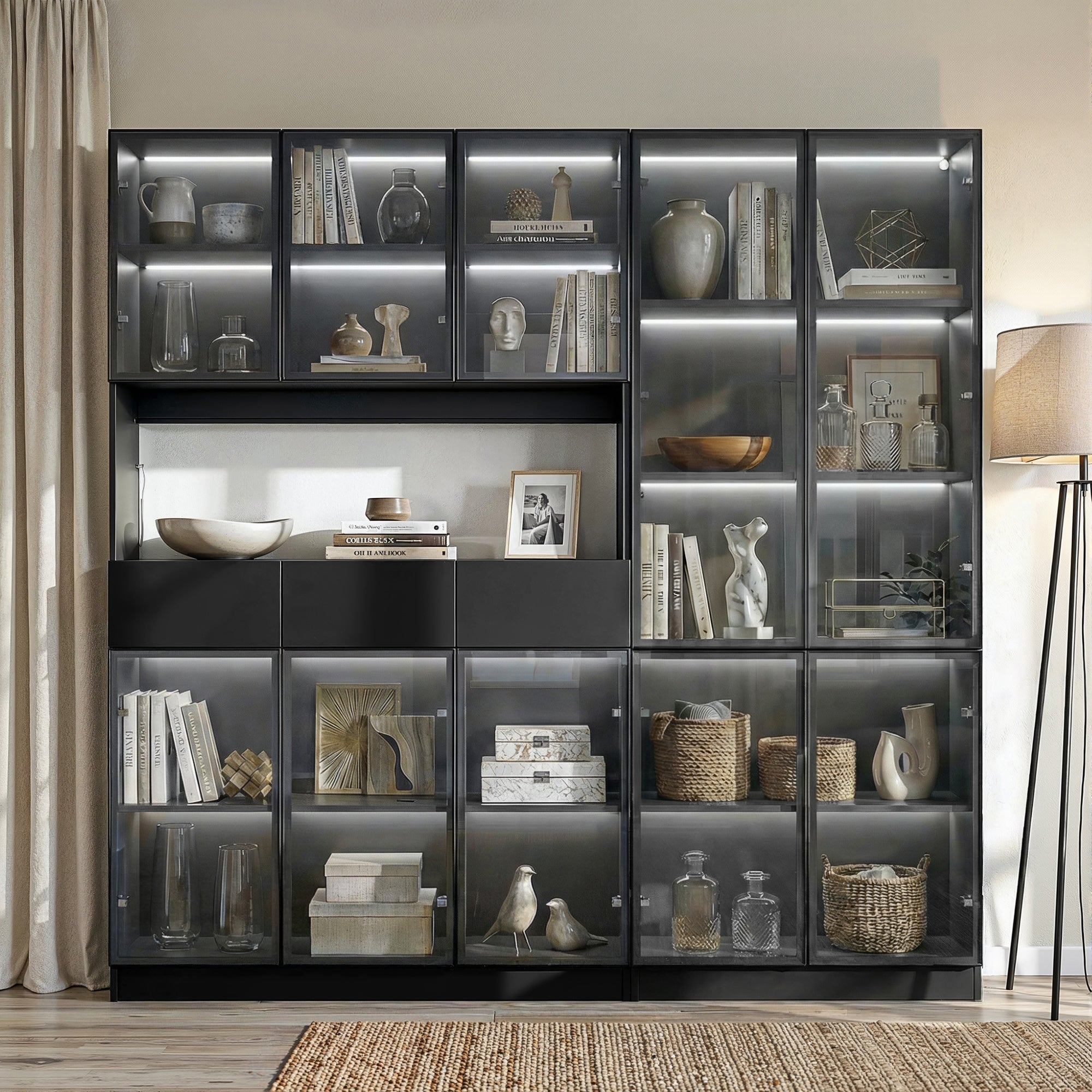 78.7 inch Large Bookcase with Glass Doors and 3-Color Changing LED Lights