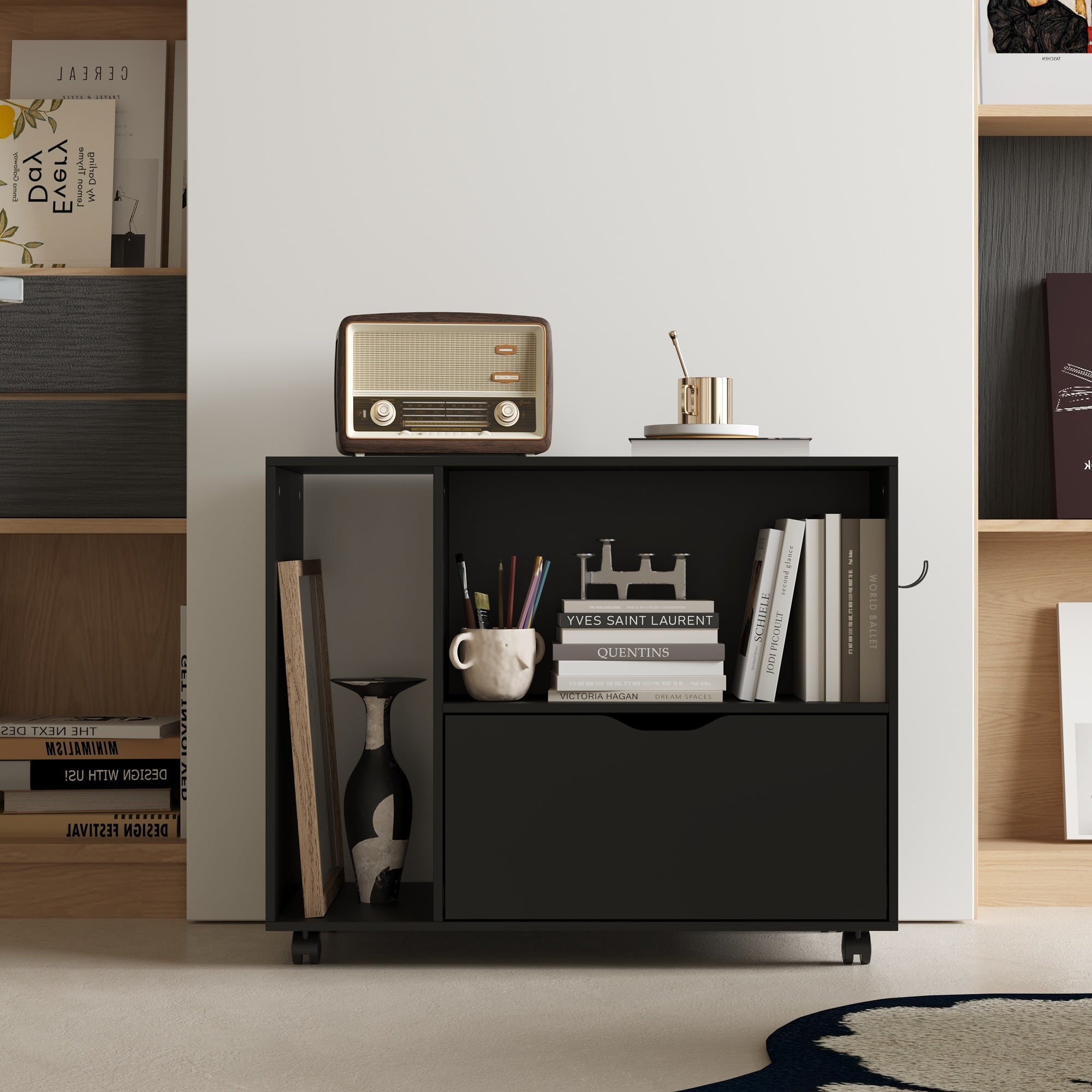 31.5" Wide Black Double File Cabinet - With Side Drawers, Hooks & Spinner Wheels