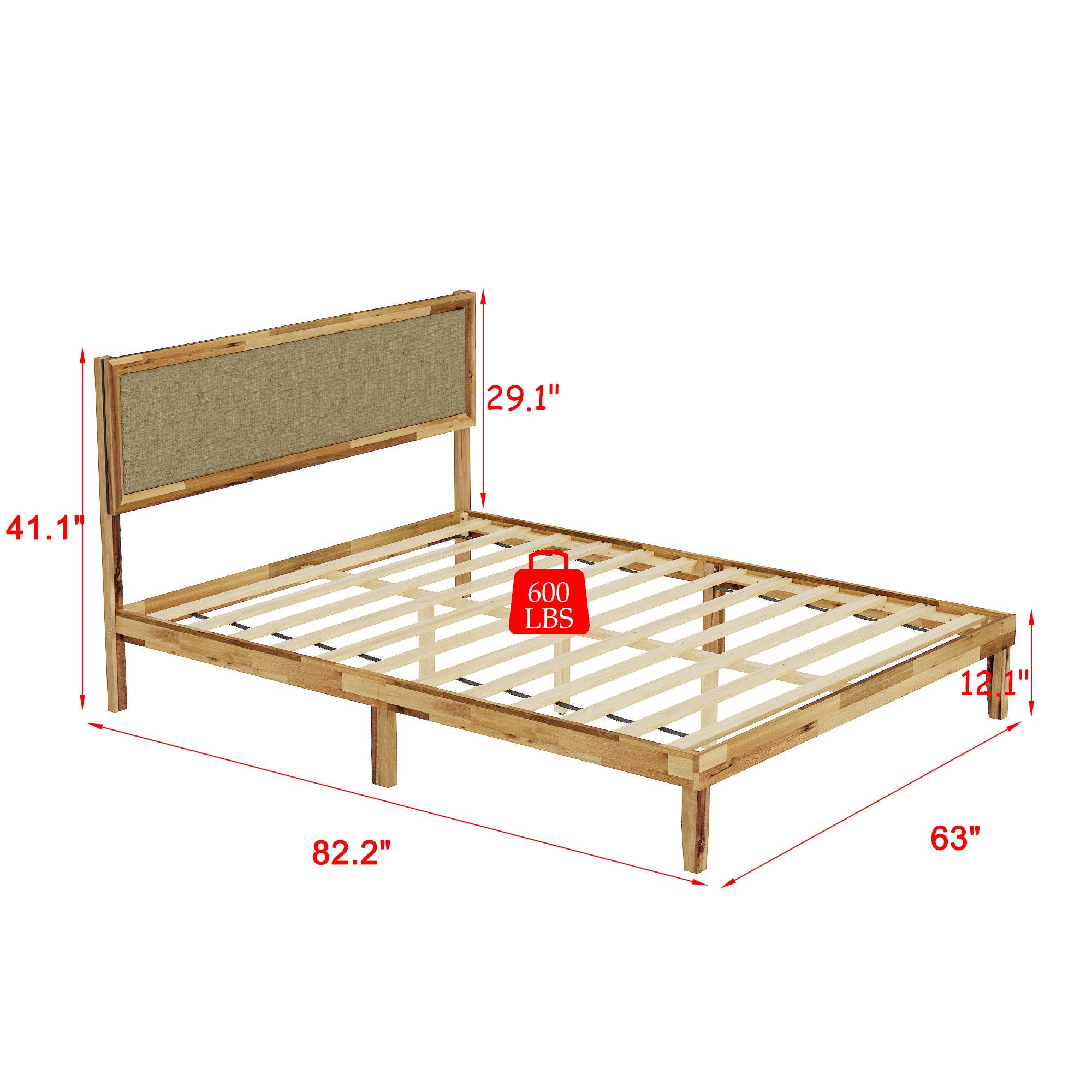 Rustic Solid Acacia Wood Platform Bed Frame With Upholstered Headboard, No Box Spring Needed